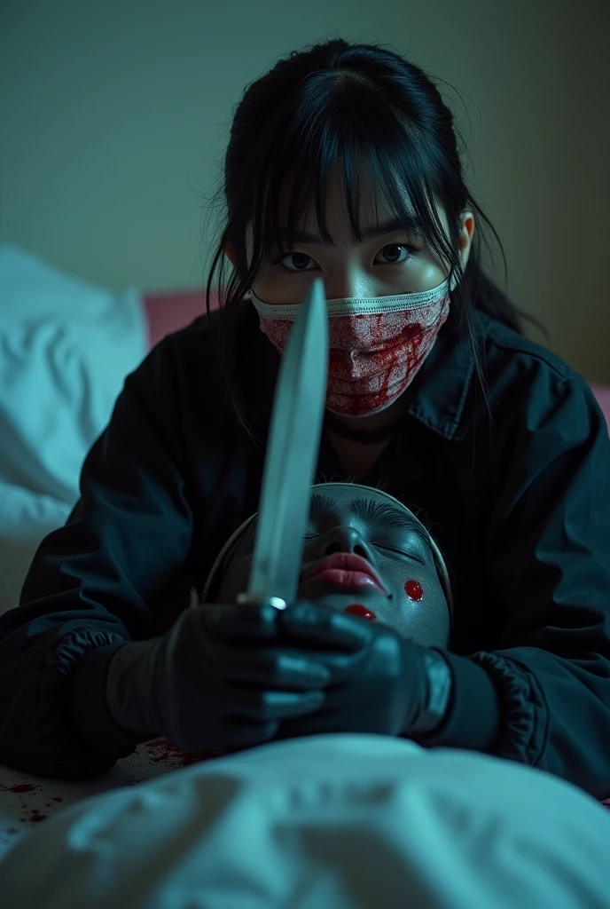 korean girl, (behind corpse, blood splatter), surgical mask, holding knife, stabbing, black raincoat, leather gloves, hood up, room full of blood, long bangs, holding knife, leather gloves, behind corpse, night, mass murderer, robbery, in the hotel,