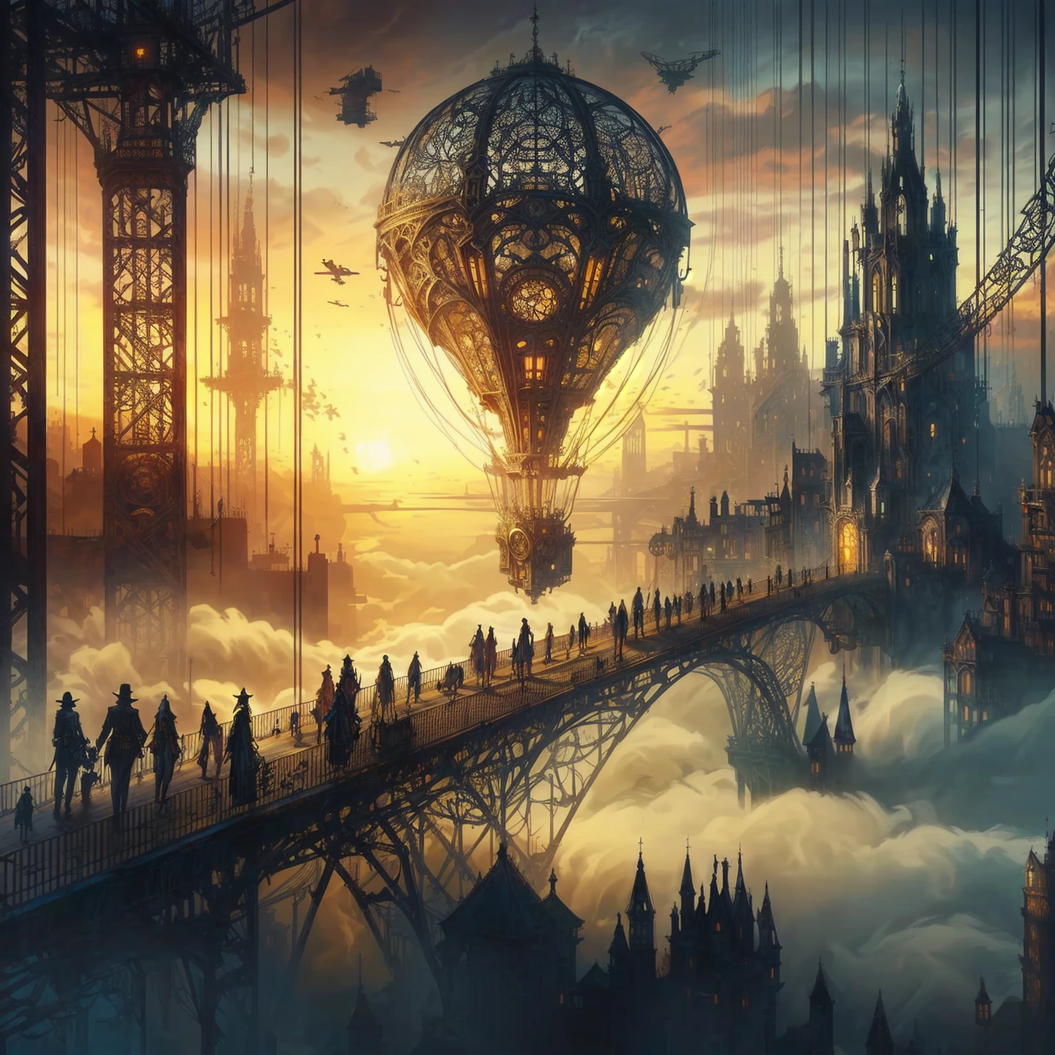 araffes flying over a bridge with a city in the background, golden steampunk city atmosphere, victorian steampunk city vista, victorian steampunk mega city, in steampunk cityscape, ancient steampunk city, steampunk city, a steampunk city, steampunk world, digital steampunk art, by Alexander Kucharsky, 4k highly detailed digital art, steampunk fantasy style, steampunk fantasy, steampunk aesthetic