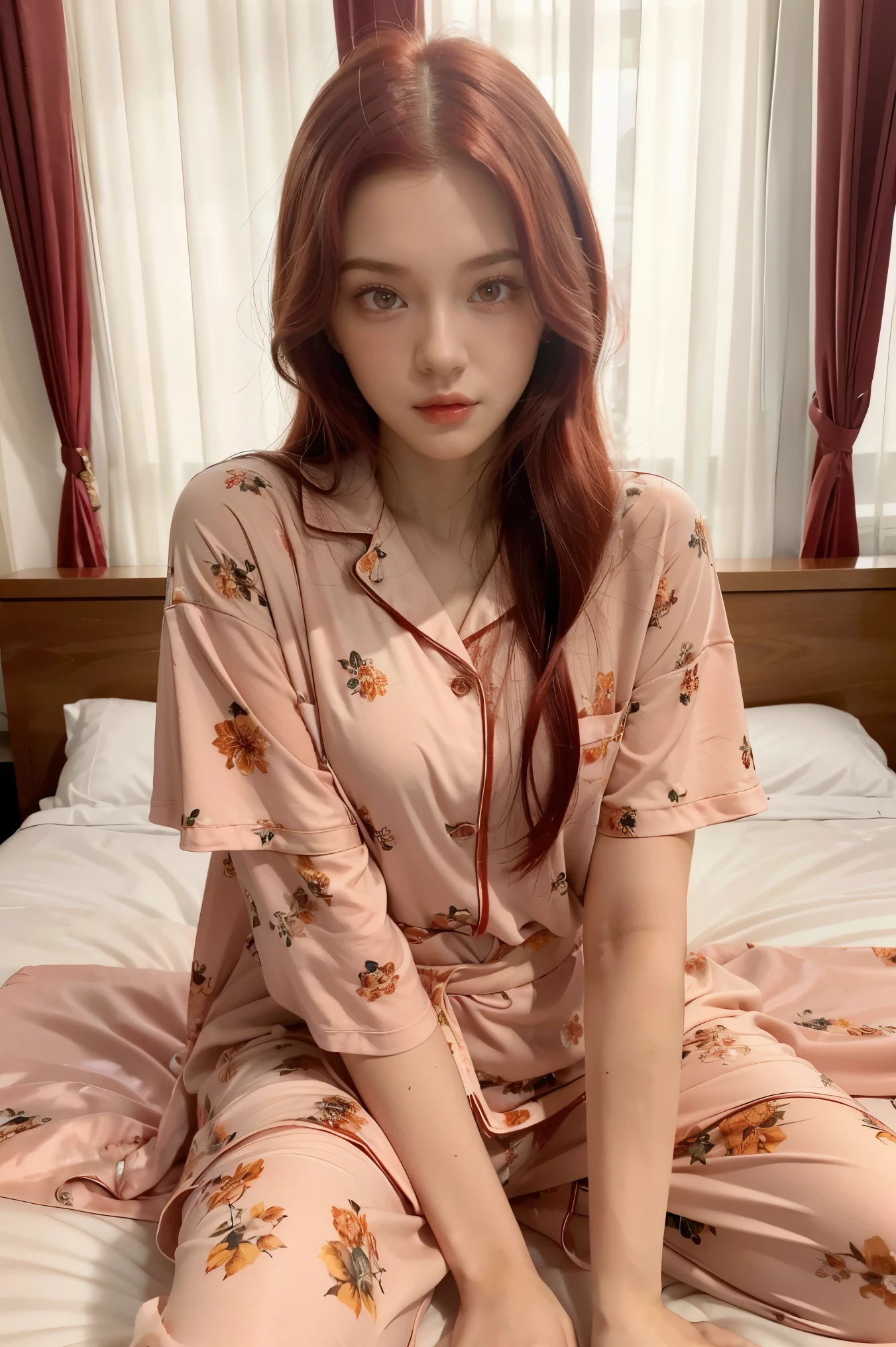 There is a woman sitting on a bed wearing a pink floral pajamas, red-haired girl, beautiful red-haired woman, red-haired woman, young red-haired girl, short bright red hair, red hair and attractive features, Anna Nikonova aka Newmilky, red-haired girl, redhead, beautiful woman, posing in bed, red head, with short red hair, posing in a room