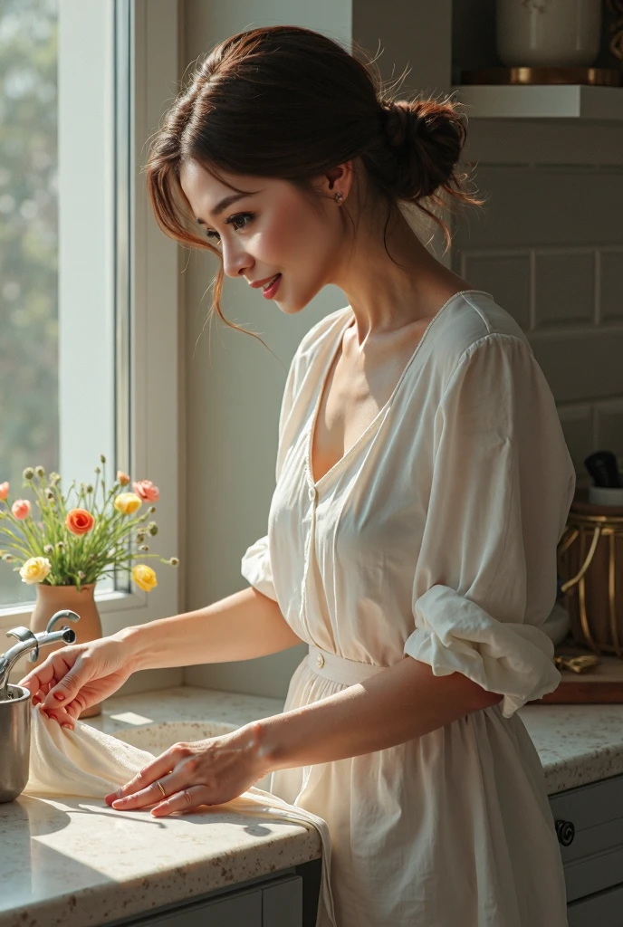 ((Best Quality)), ((傑Best Quality、masterpiece、High sensitivity、 high definition、 Detailed Description 、 Delicate Face Description)), Bewitching Woman、Married Woman、Housework Cleaning 、