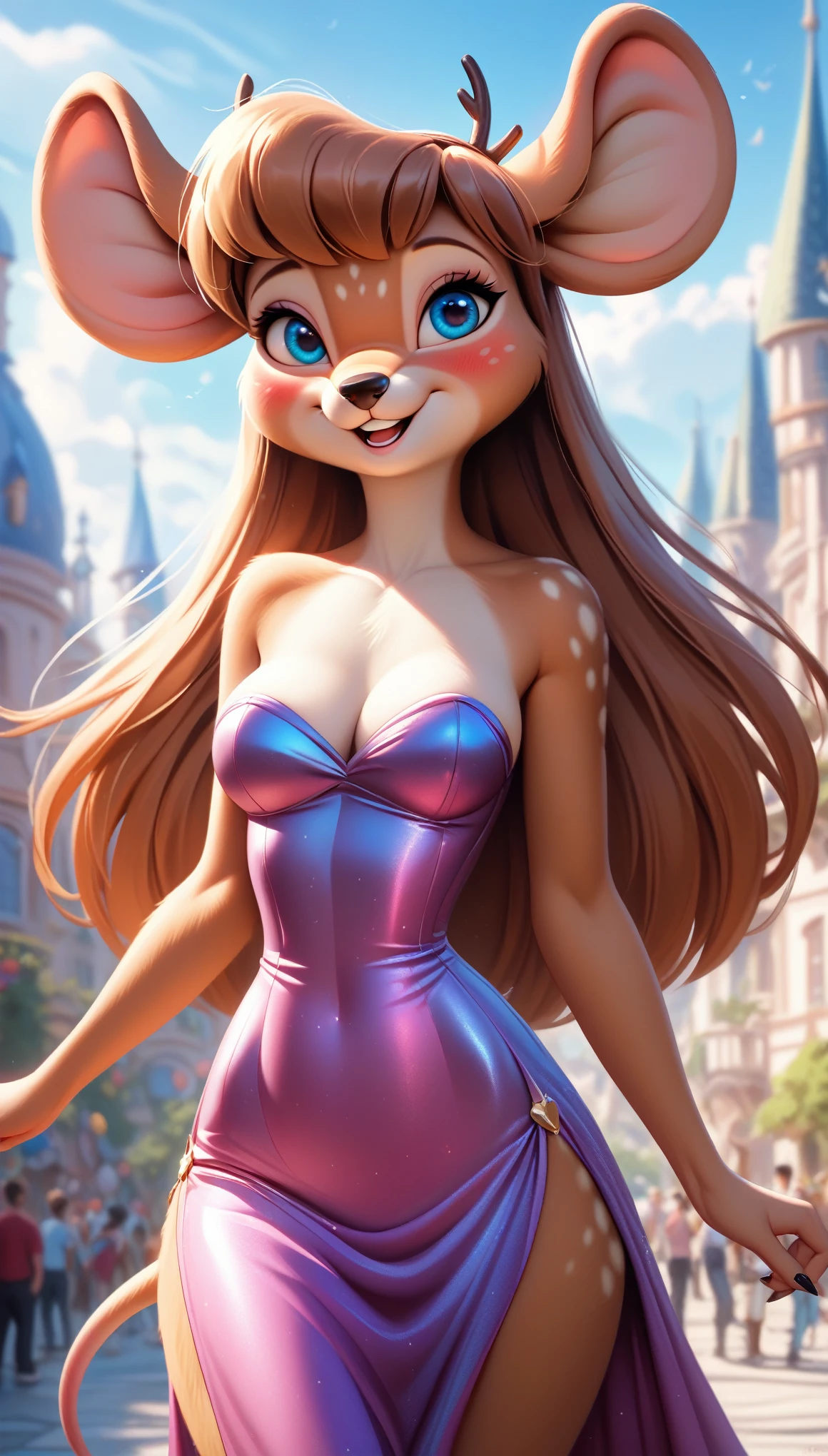 A 2d disney type deer furry beautiful, (masterpiece), high quality, perfect lighting, highly detailed CG Unity 8k wallpaper, high resolution, perfect lighting, youthful, slim but big , frail slendegure, distinctly feminine figure, mouse fluffy ears, narrow hips, big plump breasts, close-up shot, detailed face, youthful, tall, slim, anthropomorphic fox with ears, happy facial, distinctly feminine figure, thick, fuzzy, fluffy, fallen, perfect pose, embarrassed, nip slip, dominated, blushing, wearing cutting-edge biotech dress, background disney building , simple blackground, feeling of innovation and artistry, big , sharp blue eye, pink blush on cheeks, most gorgeous, long hair she wearing colourful dress , large hanging , whole body deer