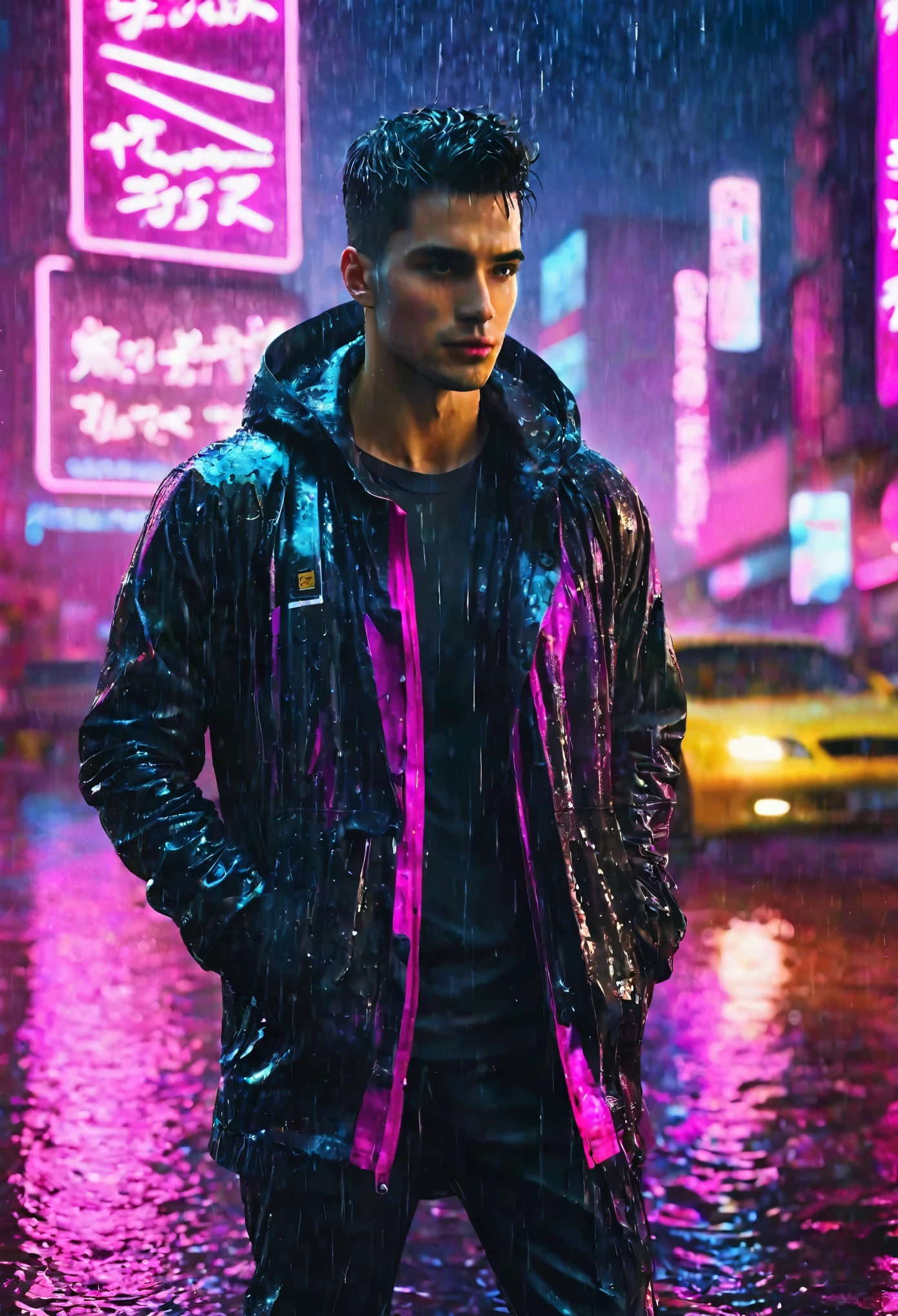 (Masterpiece, Best Quality, high resolution, fondo de pantalla de unidad 32k, Extremely detailed CG:1), (weak illustration on stage:1.0), ((ung handsome man:1.55 by cyberpunk:1.5 )),(( cyberpunk night city:1.4)), neon signs futuristic cars,dark place rain, ((wet clothes magenta neon lights illuminating the young man perfectly:1.45) . 32k