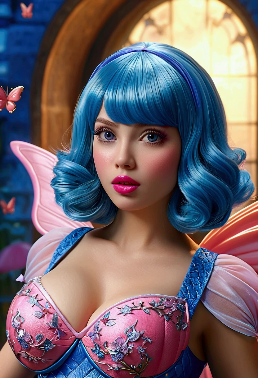 a woman, 30 years old, wearing a short, tight, pink fairy tale dress, large breasts, large buttocks, dark pink lipstick, blue big wig, flying in the air, fairy tale background, (best quality,4k,8k,highres,masterpiece:1.2),ultra-detailed,(realistic,photorealistic,photo-realistic:1.37),detailed eyes,detailed lips,extremely detailed face,long eyelashes,beautiful woman,fairy tale,magic,fantasy,vibrant colors,dramatic lighting