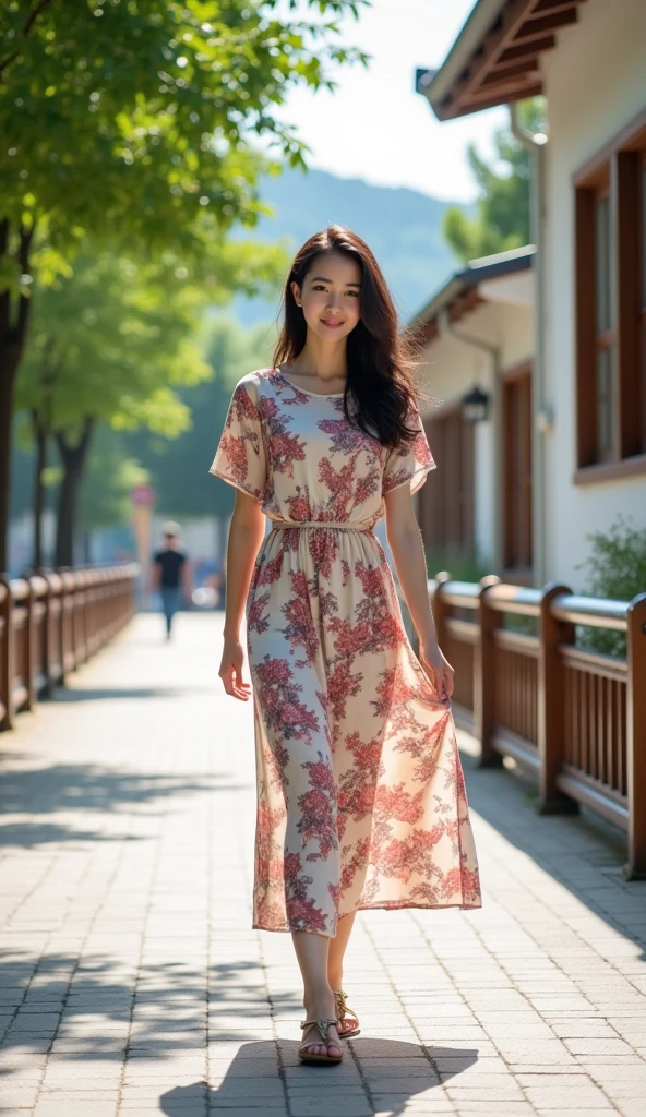 Korean version of European art girl printed dress,loose casual long T-skirt,short-sleeved dress,In the Park(emphasis on the body Line clothing:1.1)with a suburban street in the background,a blend of modern and traditional architectural styles. There are leafy trees,wooden railings and a white building with large windows and wood trim. The sidewalk is paved with light-colored rectangular paving stones. The overall atmosphere is bright and cheerful,which makes people feel that this is a good sunny day. This photo captures moments of casual elegance in a peaceful urban setting.,