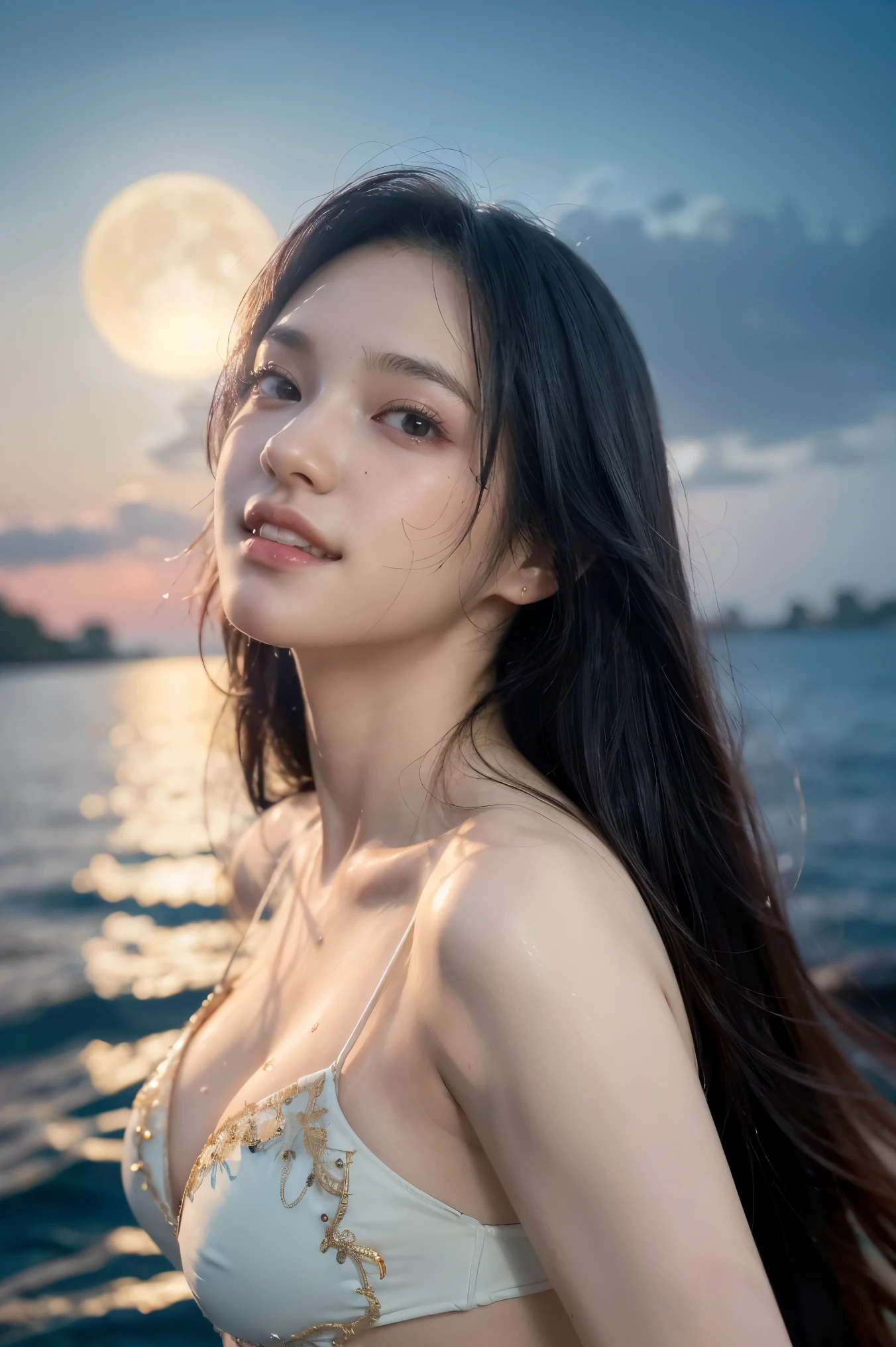 (A hyper-realistic), (illustration), (hight resolution), (8K), (highly detailed), (The best illustrations), (beatiful detailed eyes), (top-quality), (ultra-detailliert), (masterpiece), (detailed face), droopy eyes,full of sweat, slender body, long hair,inner colored,solo,Girl in simple dark bikini, smile, ocean at night, moon