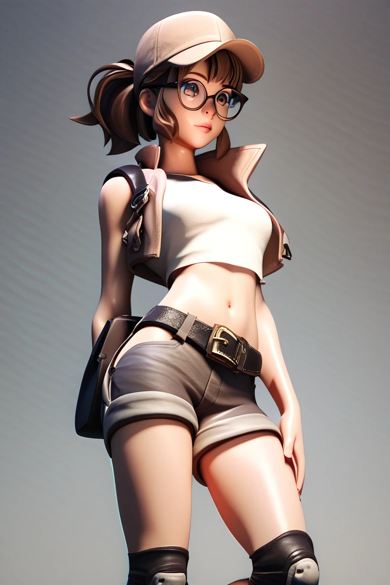 score_9, score_8_up, score_7_up, 1girl, 3d, fio germi, brown hair, glasses, medium hair, ponytail, brown eyes, crop top, hat, jacket, knee pads, shorts, sleeveless, navel, belt,
