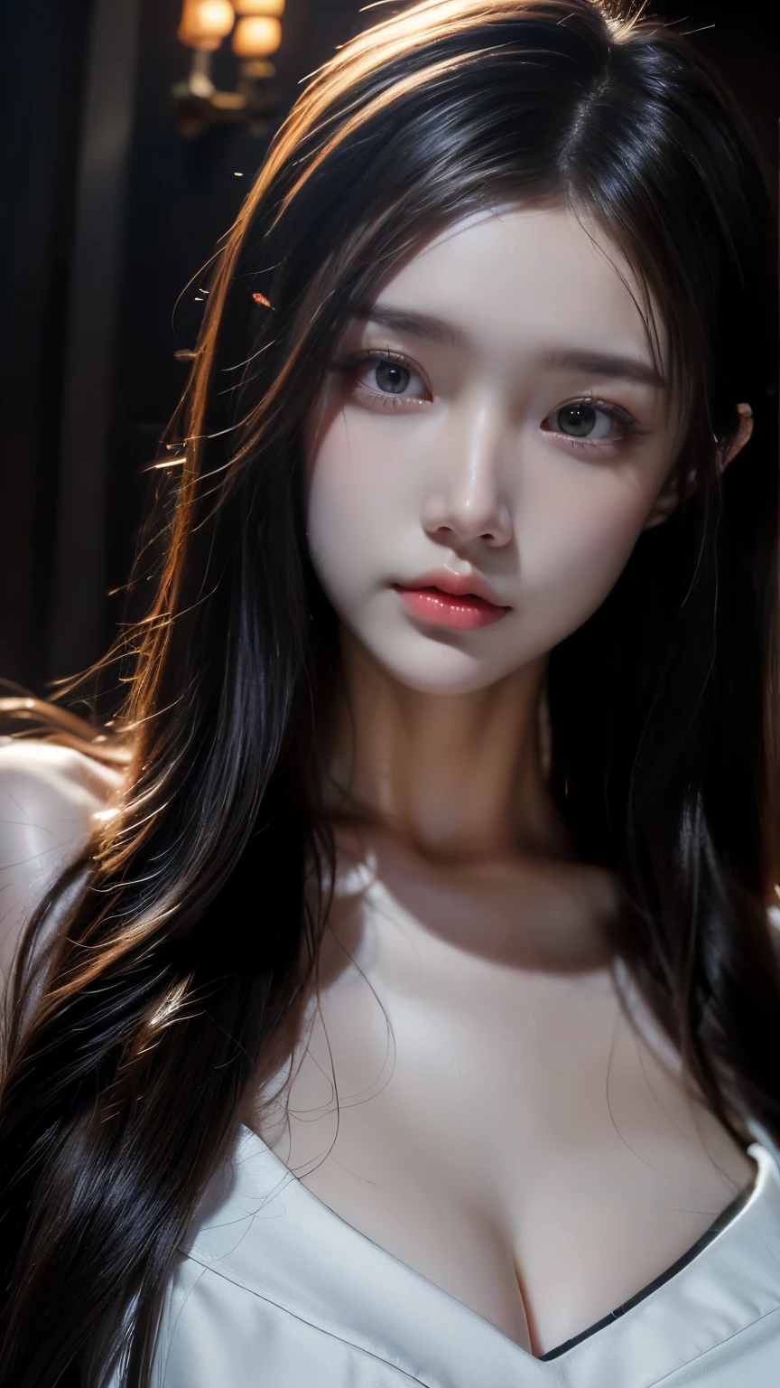 a beautiful woman with insightful eyes, long flowing hair, porcelain white face, soft and shiny skin, 1girl, detailed face, extremely detailed eyes and face, high quality, detailed illustration, digital art, cinematic lighting, masterpiece, photorealistic, ultra-detailed, vibrant colors, dramatic lighting