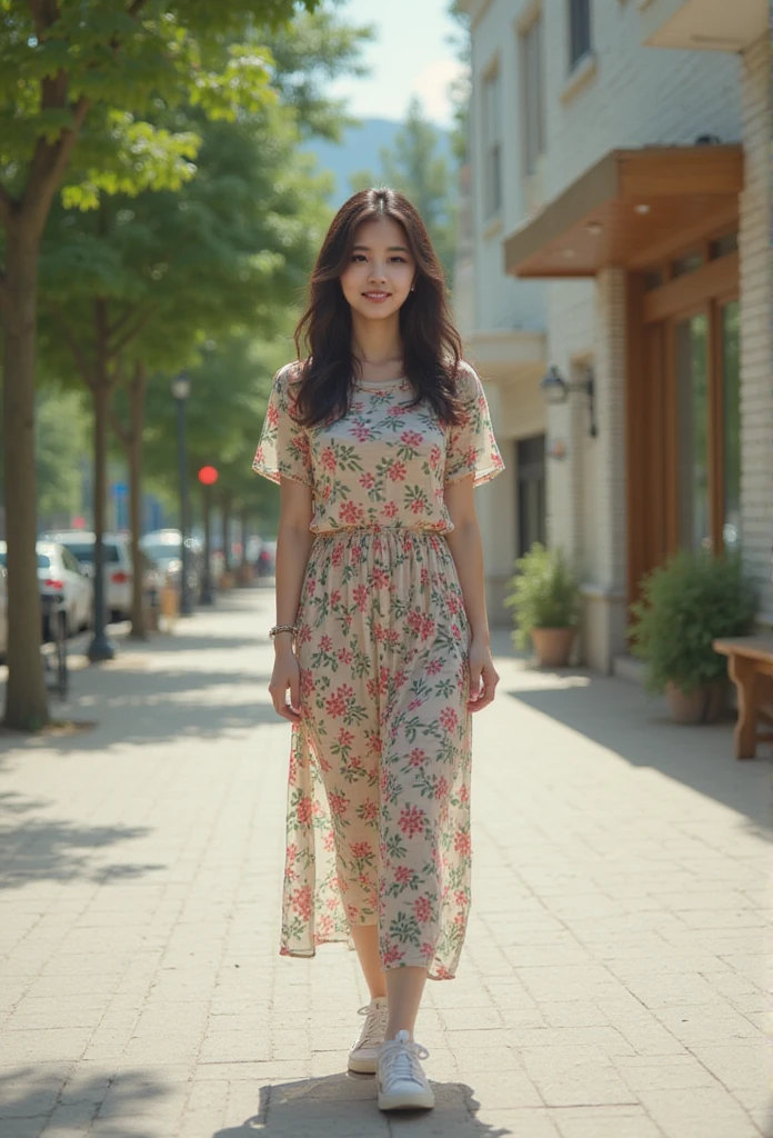 Korean version of European art girl printed dress,loose casual long T-skirt,short-sleeved dress,In the Park(emphasis on the body Line clothing:1.1)with a suburban street in the background,a blend of modern and traditional architectural styles. There are leafy trees,wooden railings and a white building with large windows and wood trim. The sidewalk is paved with light-colored rectangular paving stones. The overall atmosphere is bright and cheerful,which makes people feel that this is a good sunny day. This photo captures moments of casual elegance in a peaceful urban setting.,