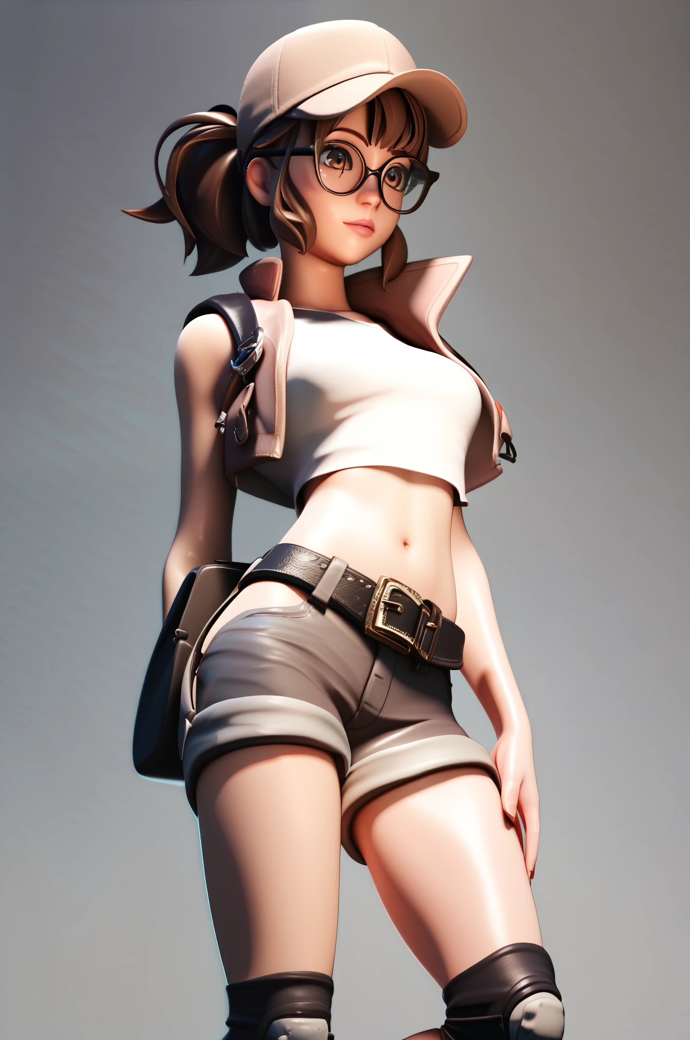 score_9, score_8_up, score_7_up, 1girl, 3d, fio germi, brown hair, glasses, medium hair, ponytail, brown eyes, crop top, hat, jacket, knee pads, shorts, sleeveless, navel, belt,
