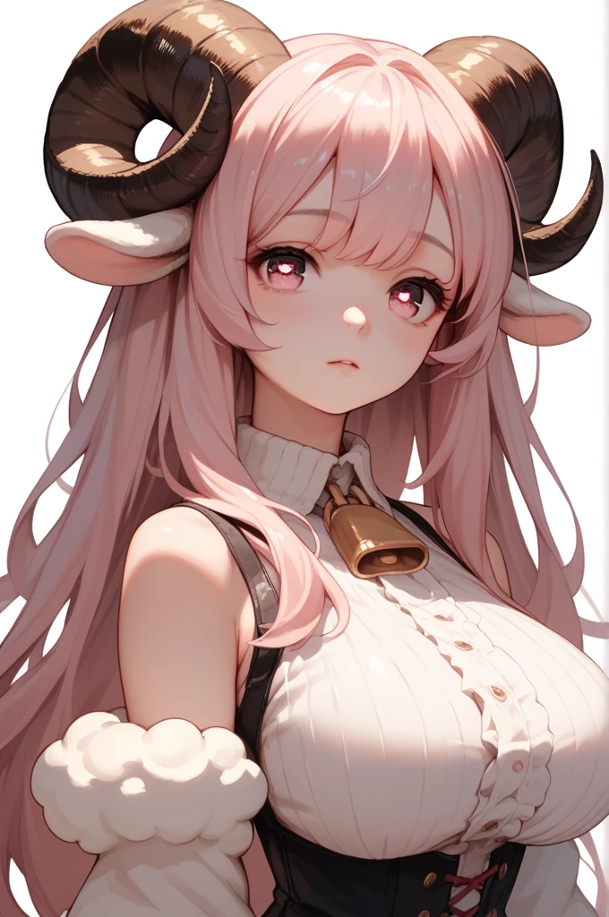 a hot girl with great curves,Long Hair, High Details, Simple background, Red Eyes, Anime, High Resolution, Large breasts, Sheep Ears, Pink Eyes, Symbol-Shaped Pupils,