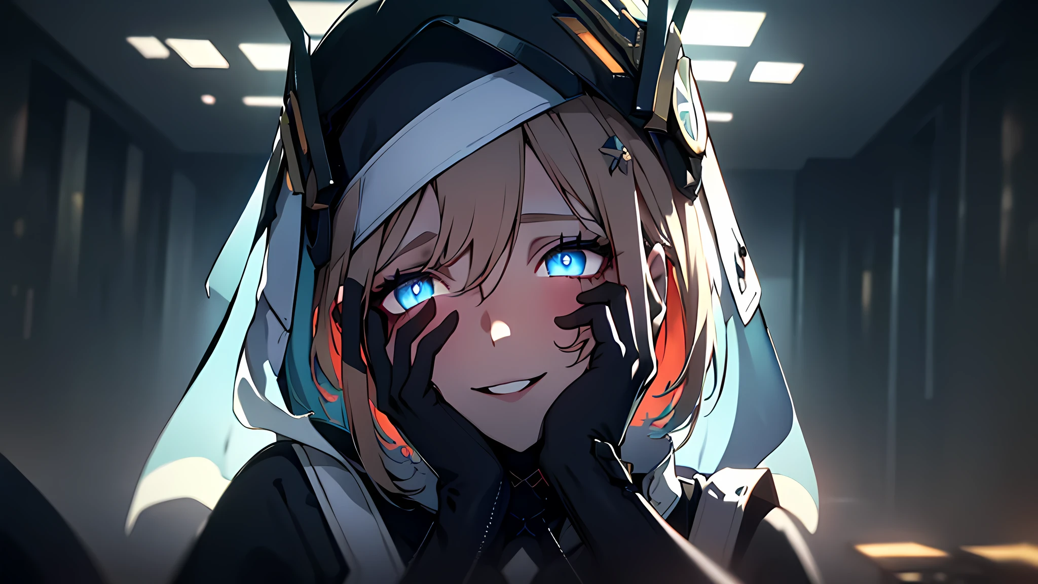 ((Best quality)), ((masterpiece)), (detailed:1.4), 3D, an image of a beautiful cyberpunk female, Yandere , Yandere Face , Trance , Trance Eyes , yameroyandere , constricted pupils , yandere ,
empty eyes . shaded face , crazy eyes , glowing blue eyes , crazy smile ,  long bread blond hair, smile, black and white Nun hat, Big chest, Big thigh, High thigh black knee sock, full view of girl, battlefield background, black combat boot, red necktie, black glove, black combat suit, black jacket, black cloak, black panty, ammo belt, HDR (High Dynamic Range),Ray Tracing,NVIDIA RTX,Super-Resolution,Unreal 5,Subsurface scattering,PBR Texturing,Post-processing,Anisotropic Filtering,Depth-of-field,Maximum clarity and sharpness,Multi-layered textures,Albedo and Specular maps,Surface shading,Accurate simulation of light-material interaction,Perfect proportions,Octane Render,Two-tone lighting,Wide aperture,Low ISO,White balance,Rule of thirds,8K RAW,