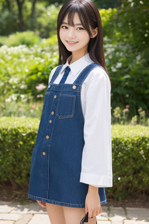 college girl、kawaii、Wearing Mario's suspender uniform and hat,Short black hair、On the streets of the city