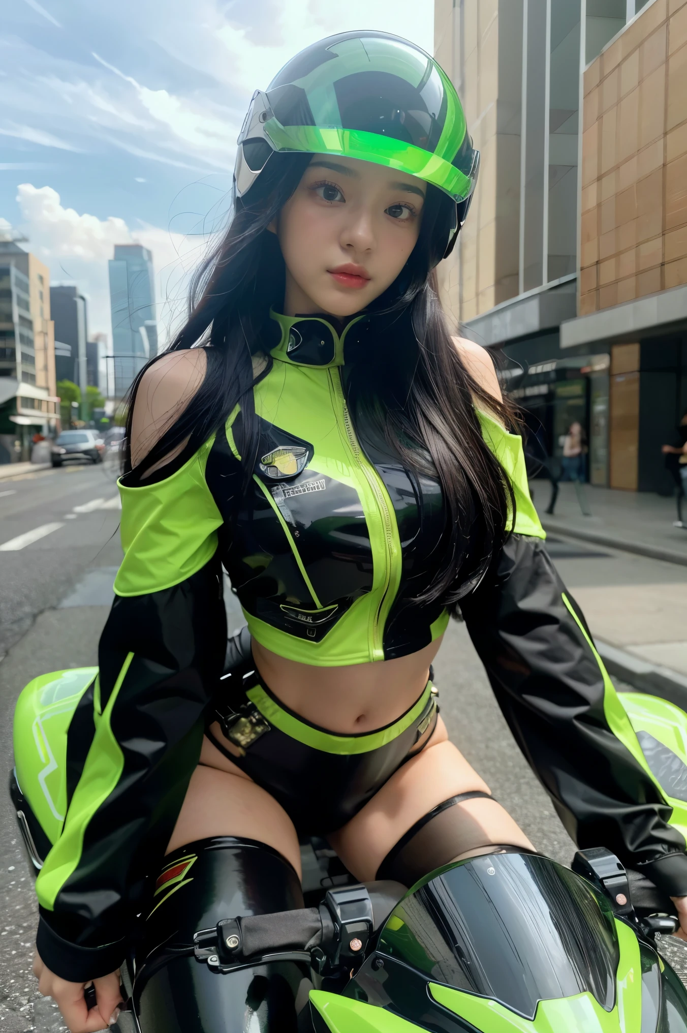 Highest image quality, outstanding details, ultra-high resolution, (realism: 1.4), the best illustration, favor details, highly condensed 1girl, with a delicate and beautiful face, dressed in a black and green mecha, wearing a mecha helmet, holding a directional controller, riding on a motorcycle, the background is a high-tech lighting scene of the future city.
