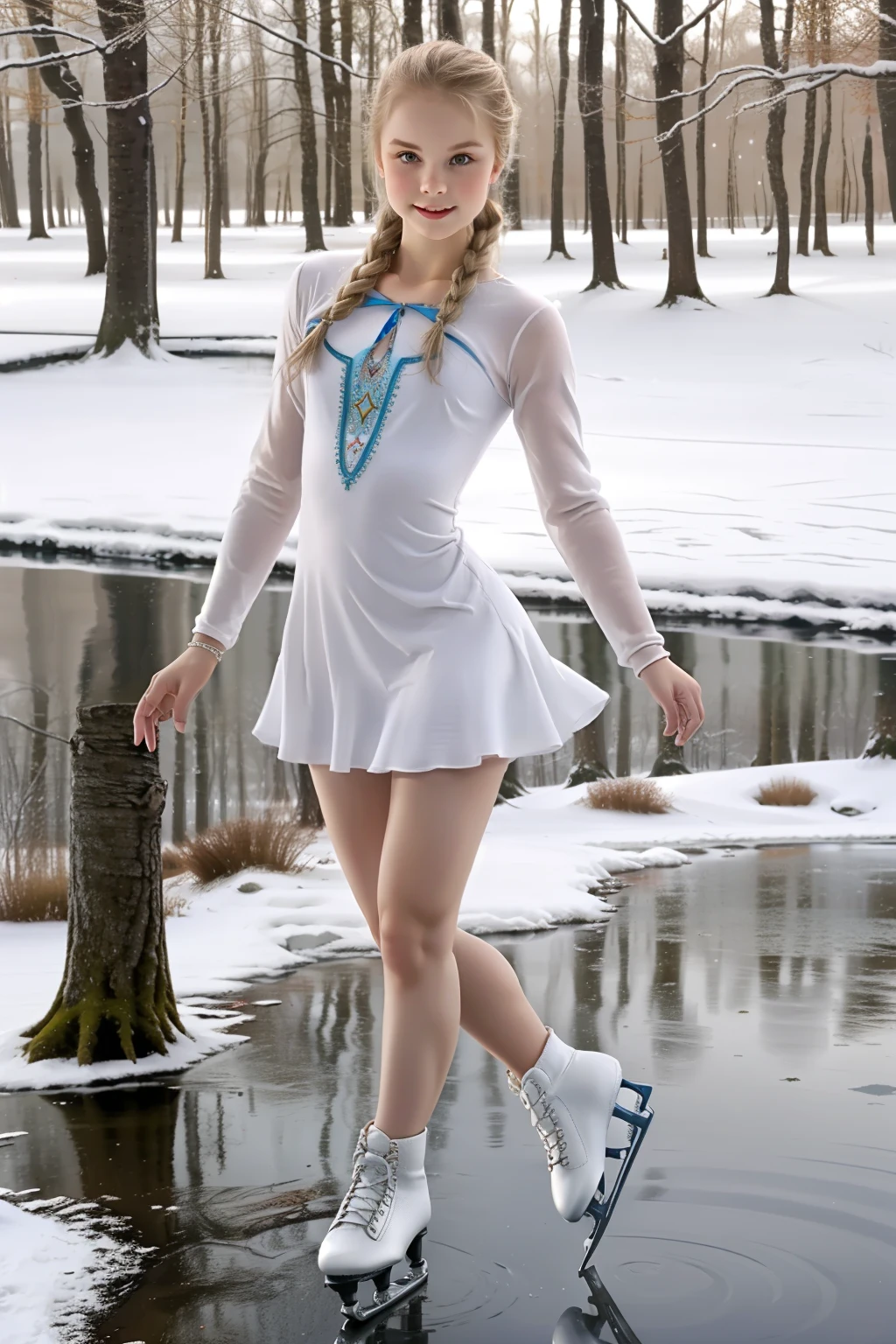 a beautiful young tall girl, Slim , in a very short dress, Snow Maiden skates in a winter magical forest, glides gracefully across a frozen pond