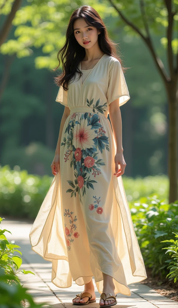 Korean version of European art girl printed dress,loose casual long T-skirt,short-sleeved dress,In the Park(emphasis on the body Line clothing:1.1)