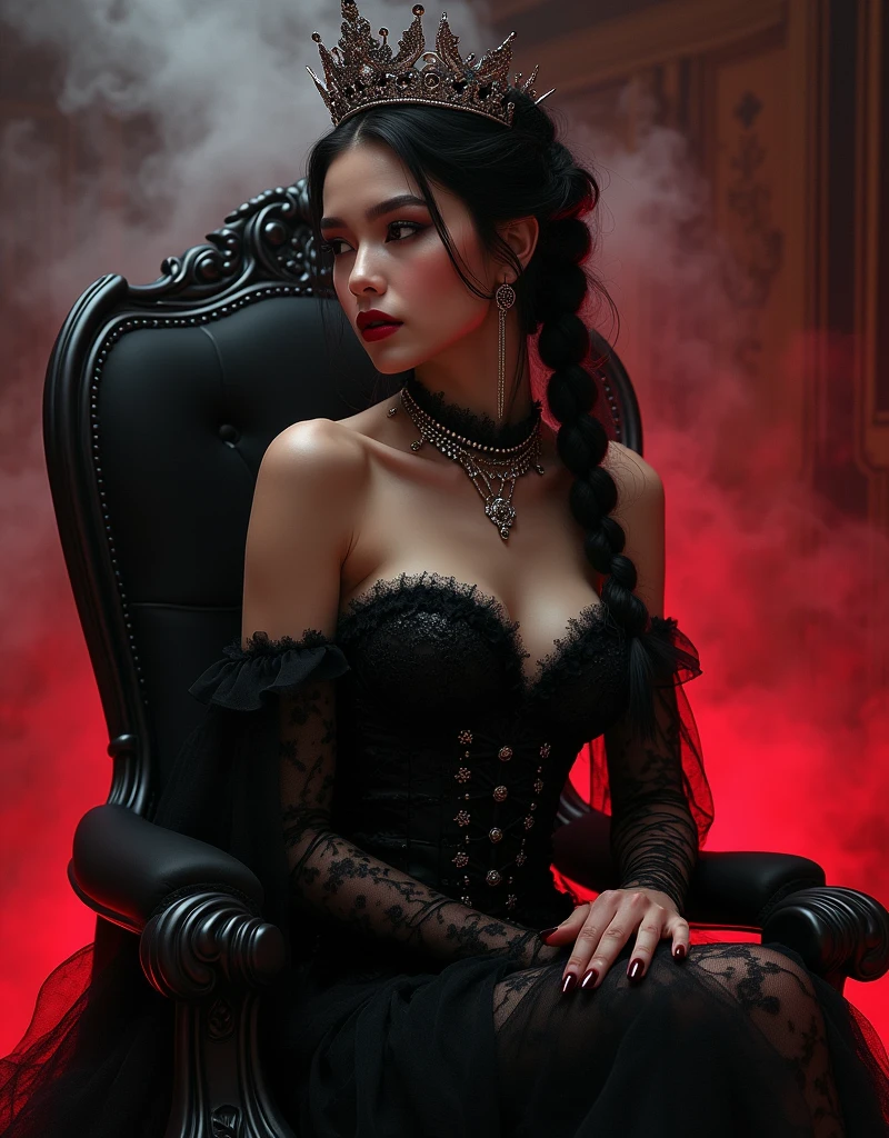 Front right view、Dark old vampire、bats、Fear of a vampire's lair、HDR with an eerie atmosphere、surrealistic、((complicated detail))、((complicated detail、An ultra-detailliert))、CINEMATIC、Volume Lighting、Woman with G size breasts、Vampire with pink eyes、A lot of exposure in a white lace dress,Generate Title Image