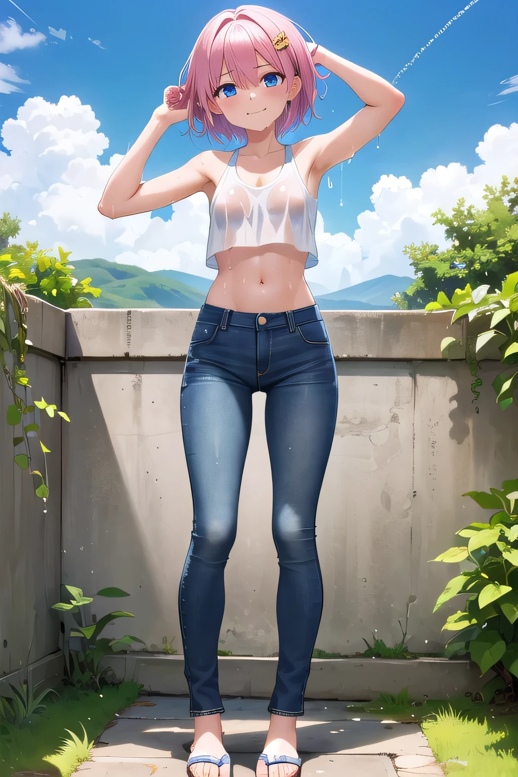 masterpiece,best quality,ultra detail,1girl, ,petismile happy, garden, shining, sunny, cloud, short hair, blue eyes, pink hair, hair ornament, ribbon hair ornament, middle breasts, Raise your arms and behind your head, Open your mouth, white tank top, white crop top, white bikini Top, jeans pants, (flares jeans 1:1), blue jeans, Slippers, (((full body))), legs full stretched out, Drenched in sweat(sweat:1.5), wet cloths, wetting self, (wet clothes:1.7), standing pose,