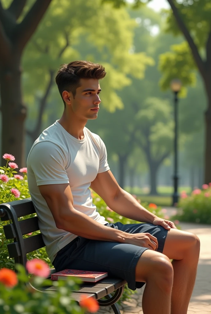 Garden heaven 
Cute muscle boy sit bench under the blooming flowers 
