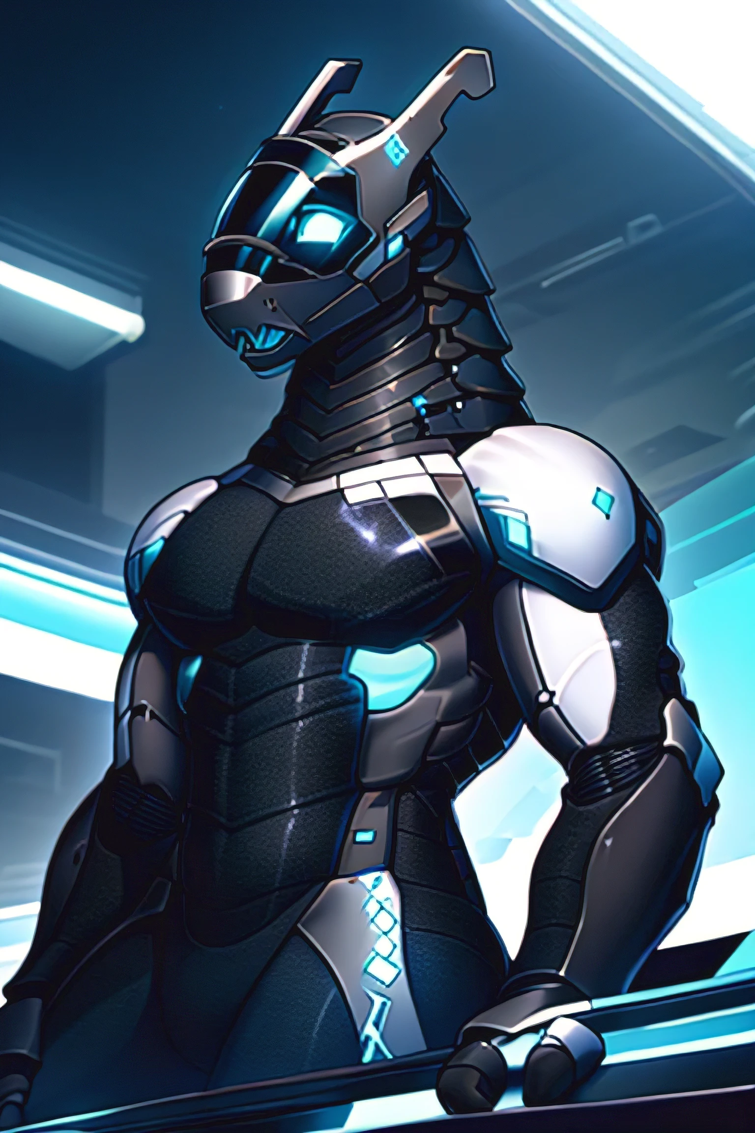 Synth, Black body, Full black body, blue eyes, three fingers, futuristic gym background