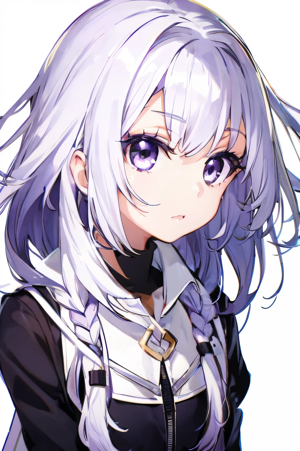  Young girl with purple white hair, , dark white, shiny, Light purple white eyes , Shiny white eyes, Killer eyes , , cute little, Cute Chibi Style