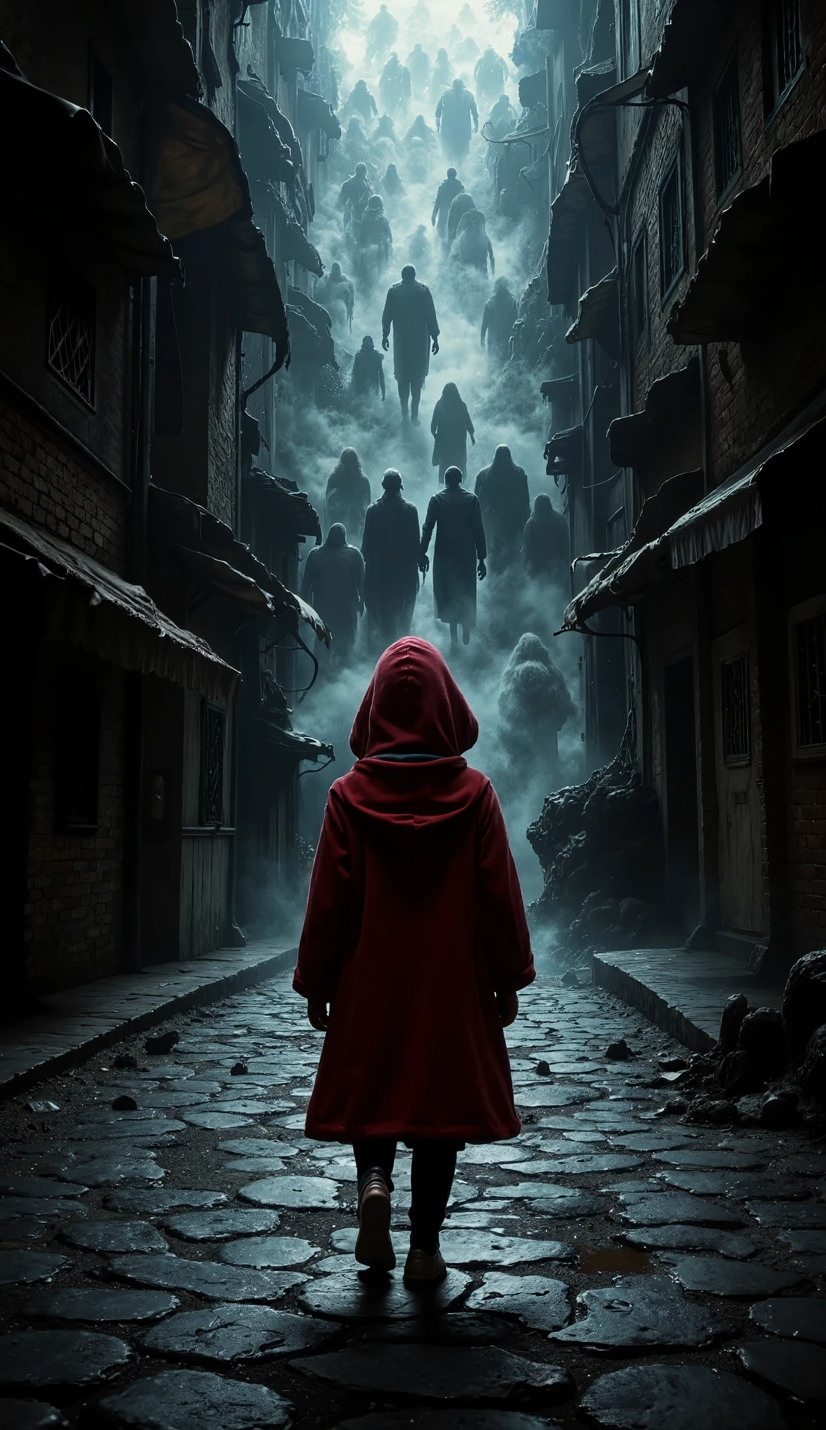 A mysterious, eerie alleyway resembling Diagon Alley from Harry Potter, with a cluttered, claustrophobic feel. The narrow passageway is filled with mist-like, spectral figures, human shapes drifting through the air as though they are echoes of people rather than living beings. Each figure is colorless and translucent, exuding an unsettling lifelessness as they wander aimlessly through the scene. The location is at the top of a descending slope, adding depth to the scene. Below, at the base of the slope, even more of these spectral figures gather, shrouded in mist, creating a hauntingly dense atmosphere.

At the forefront, a young girl stands out as the sole vibrant element in the scene. She wears a thick, knee-length merino wool coat in a deep, striking red, with a hood that casts a slight shadow over her head. Her bright red coat contrasts vividly against the monochromatic background, reminiscent of the iconic girl from Schindler's List. With her back turned to the camera, she faces the eerie, fog-filled path ahead. Her shoulders are tense, showing fear, but she steps forward bravely, inching down the slope. The cramped buildings around her are detailed with intricate textures, worn brick, and narrow alleys, each one adding to the crowded, overwhelming feeling of the scene.

Rendered in ultra-realistic, cinematic detail with a 16K resolution, every element is perfectly focused and meticulously detailed, from the dense mist of the spectral figures to the fine texture of the girl’s wool coat and the cluttered architecture that lines the mysterious path.