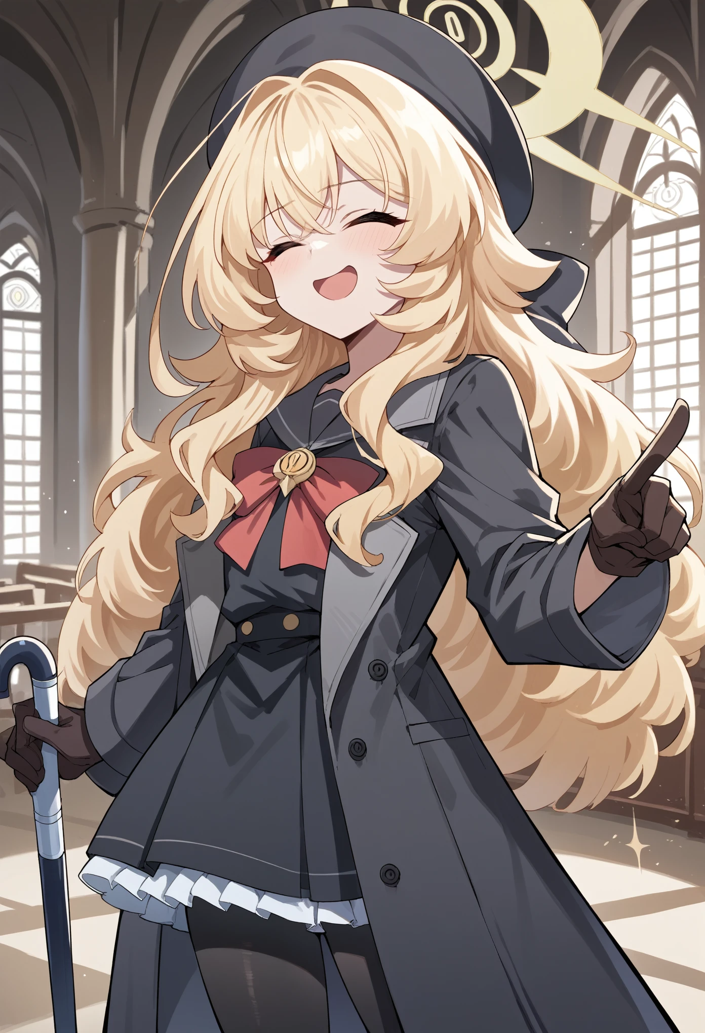 1girl, long hair, messy hair, sidelocks, blonde hair, serafuku, ribbon, brooch, coat, frills, hat, gloves, pantyhose, holding cane, halo, closed eyes, chestnut mouth, smug, open mouth, pointing up, indoors, mansion, cowboy shot score_9, score_8_up, score_7_up, score_6_up, score_5_up, score_4_up, BREAK source_anime, masterpiece