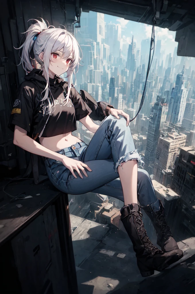 masterpiece, best quality, (detailed anime, video game art, extremely detailed CG unity 8k wallpaper), (best quality), (best illustration), (best shadow), absurdres, realistic lighting, (Abyss), dynamic pose, solo, senti, red eyes, white hair, ponytail with bangs, messy hair, smirking, crop top, model, jeans, torn jeans, broken jeans, boots, techwear, futuristic city, high tech