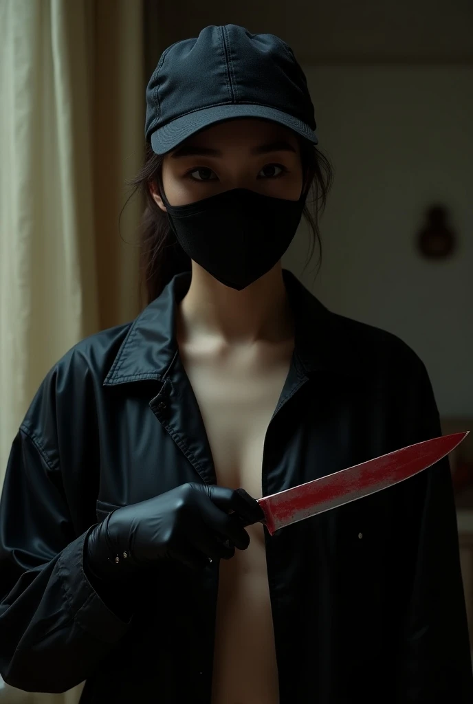 korean girl, (behind corpse, blood splatter), surgical mask, holding knife, stabbing, black raincoat, leather gloves, trucker hat, room full of blood, short hair, holding knife, leather gloves, behind corpse, night, mass murderer, robbery, in the hotel,