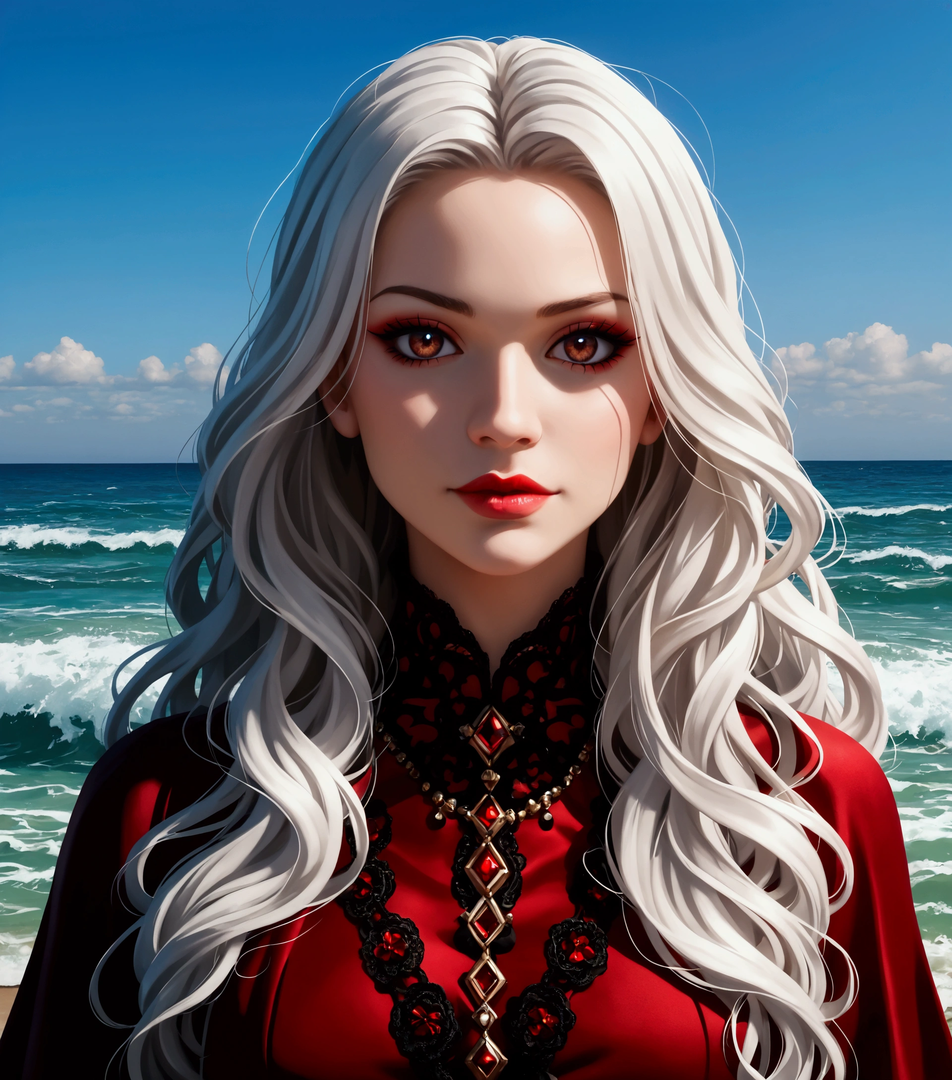 portrait, beautiful woman, white hair, ornate dress, (long hair in waves like smoke):0.85 , confident expression, detailed, 16k, sf, intricate artwork masterpiece, ominous, matte painting movie poster, golden ratio, trending on cgsociety, intricate, epic, trending on artstation, by artgerm, h. r. giger and beksinski, highly detailed, vibrant, production cinematic character render, ultra high quality model:1