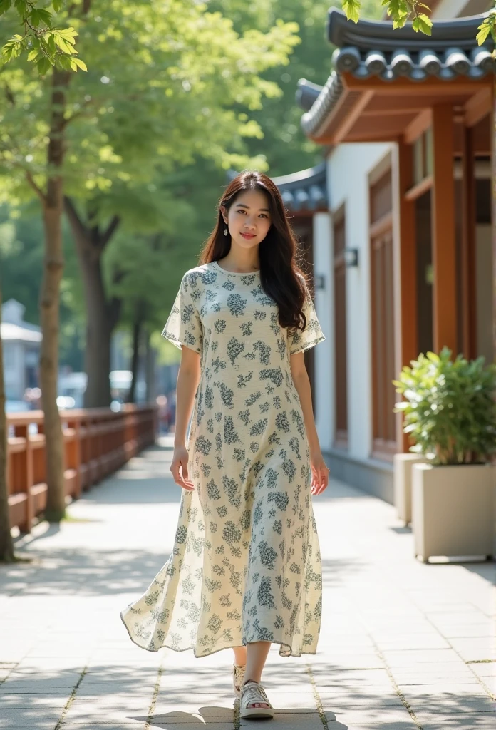 Korean version of European art girl printed dress,loose casual long T-skirt,short-sleeved dress,In the Park(emphasis on the body Line clothing:1.1)with a suburban street in the background,a blend of modern and traditional architectural styles. There are leafy trees,wooden railings and a white building with large windows and wood trim. The sidewalk is paved with light-colored rectangular paving stones. The overall atmosphere is bright and cheerful,which makes people feel that this is a good sunny day. This photo captures moments of casual elegance in a peaceful urban setting.,