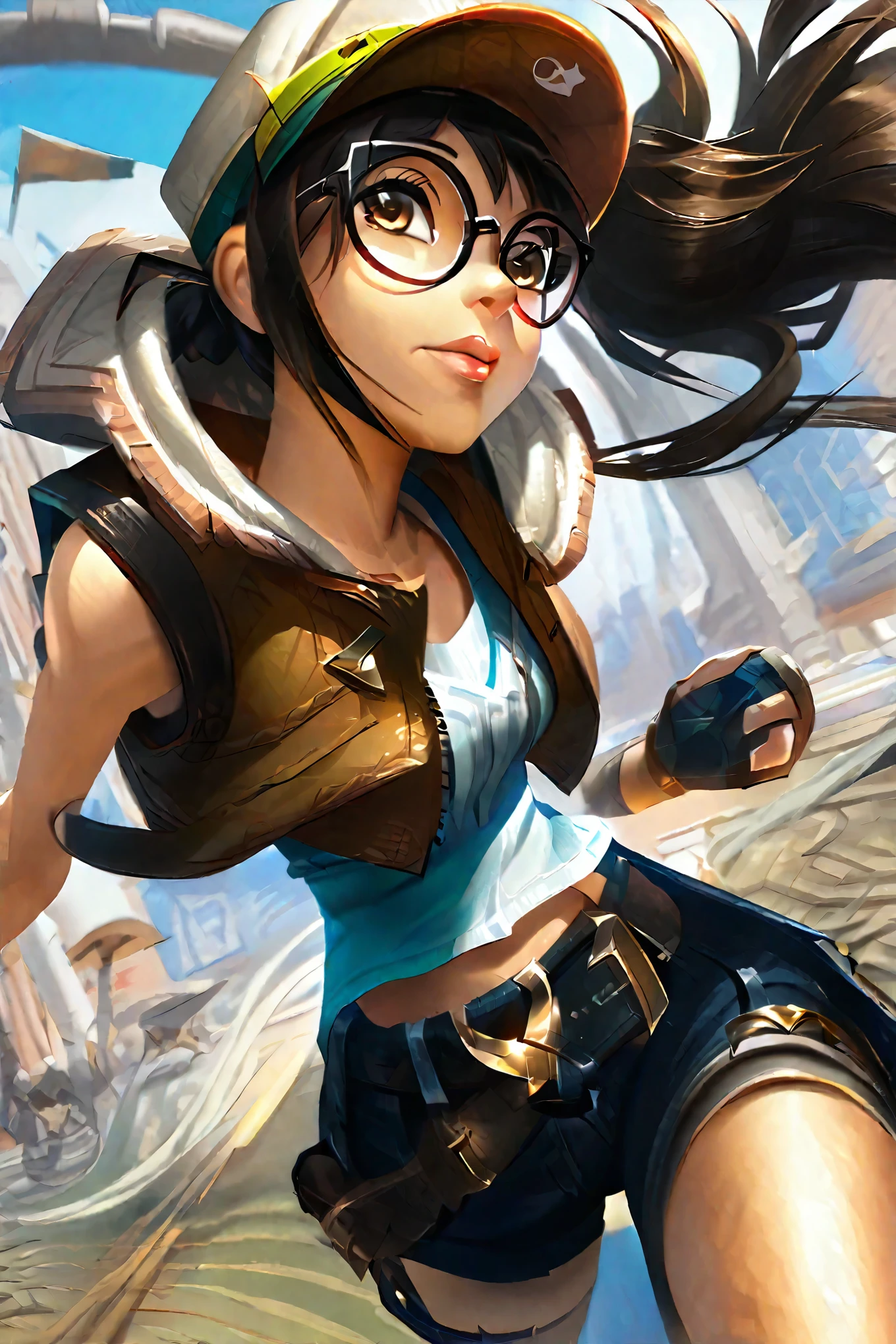 score_9, score_8_up, score_7_up, 1girl, best aesthetic, lolsplashart, perfect, fio germi, brown hair, glasses, medium hair, ponytail, brown eyes, crop top, hat, jacket, knee pads, shorts, sleeveless, navel, belt,
