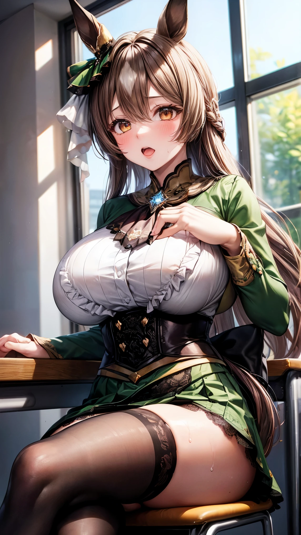 best quality,4k,8k,1girl,((big breasts:1.3)),orgasm,blush,sweat,aasato, long hair, half updo, braid, hair between eyes, animal ears, ear ornament, horse tail, breasts, frills, black ascot, green dress, (sleeves past wrists:1.2), black thighhighs,lift skirt,(white panties,lace panties),pussy juice,classroom,((sitting,crossed legs,heart hands:1.3))