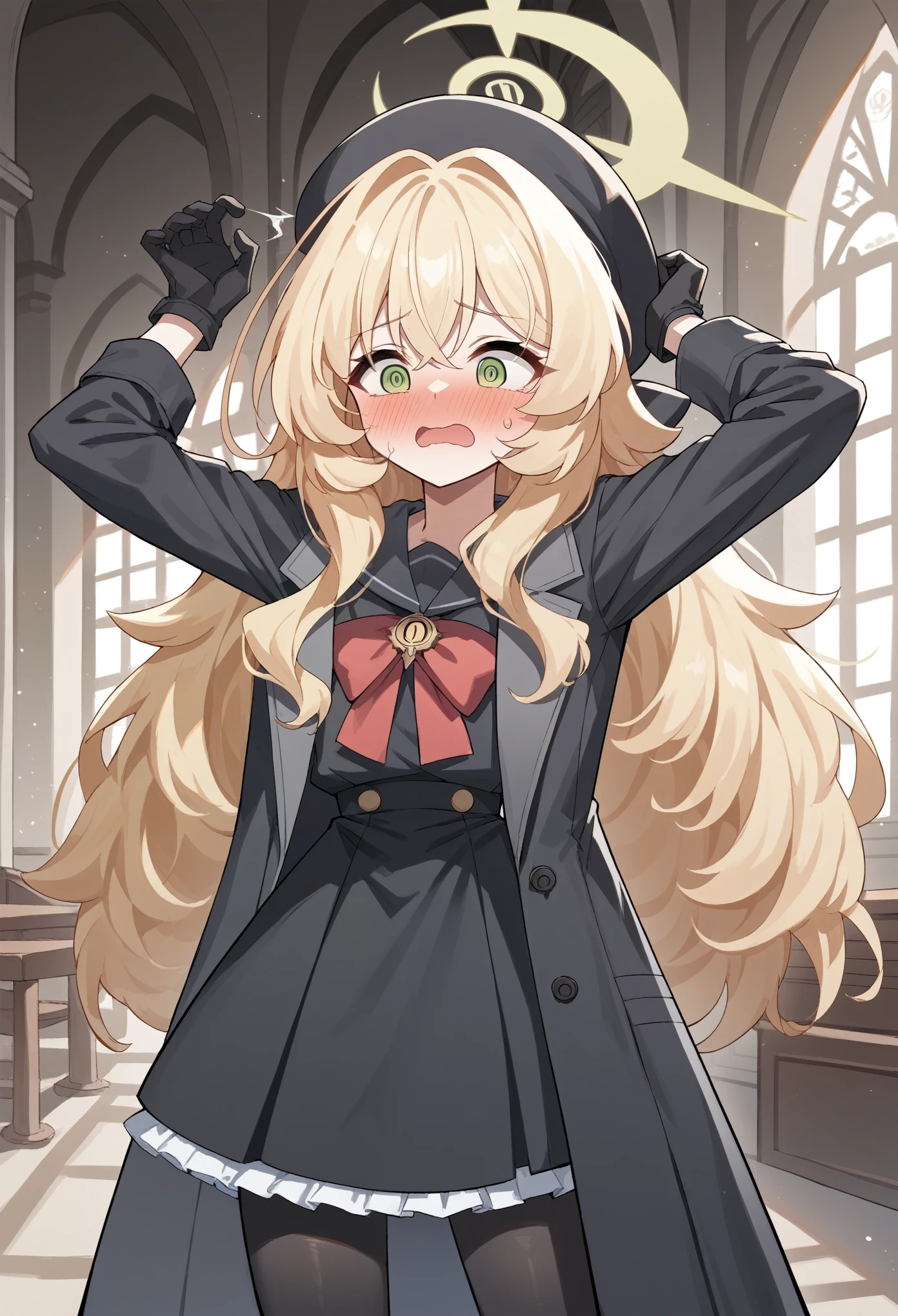 1girl, halo, long hair, messy hair, sidelocks, blonde hair, serafuku, ribbon, brooch, coat, frills, hat, gloves, pantyhose, green eyes, surprised, arms up, hands up, embarrassed, blushing, @_@, indoors, mansion, cowboy shot score_9, score_8_up, score_7_up, score_6_up, score_5_up, score_4_up, BREAK source_anime, masterpiece