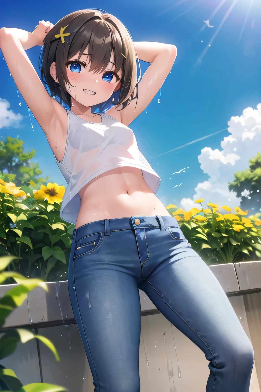 masterpiece,best quality,ultra detail,1girl, ****,petite,smile happy,flower garden,sunshine,cloud, short hair, blue eyes, low brown hair, hair ornament, x hair ornament,Raise your arms and behind your head,White teeth, white tank tops, white crop tops, jeans, jean pants, Drenched in sweat, wet cloths, wetting self, (wet clothes:1.7), legs full stretched out, From below