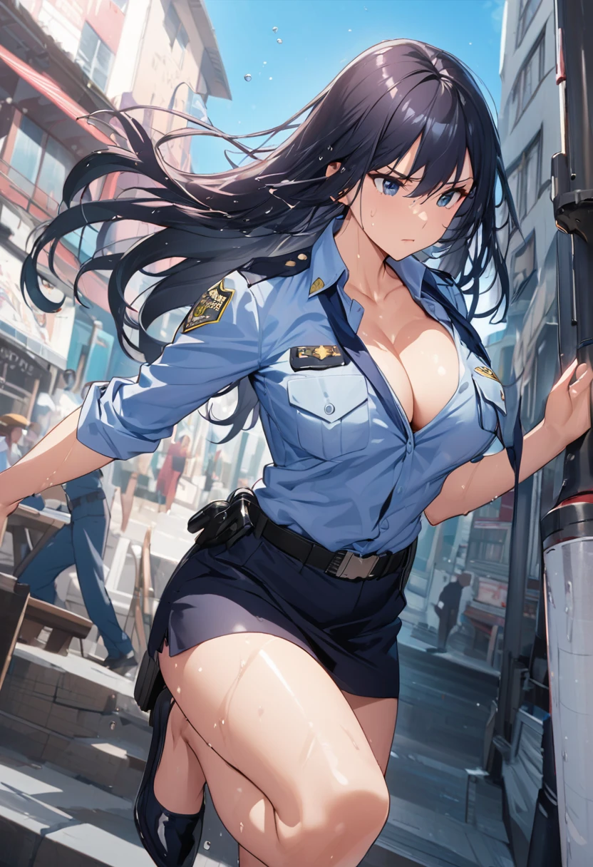 Beautiful girl 、Age 30、Best Quality、Ultra-precision、Detailed drawing、Sexy Police、 police uniform、 miniskirt、Navy blue tie、acrobatic leap、Baton in the right hand 、Open chest、Around town、blue sky、Sharpness、Close to the body、Beautiful big boobs、 wet hair 、Vivid colors、 serious look、Slender figure、Accurate depiction、 CG illustration、、 getting wet a lot due to sweat 、 