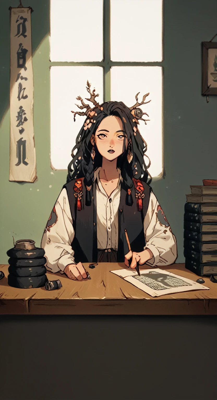 Lower your head， and the background was slightly bleak，On the wall next to the desk， hangs ancient calligraphy and paintings，On the desk is an open copy of the Analects