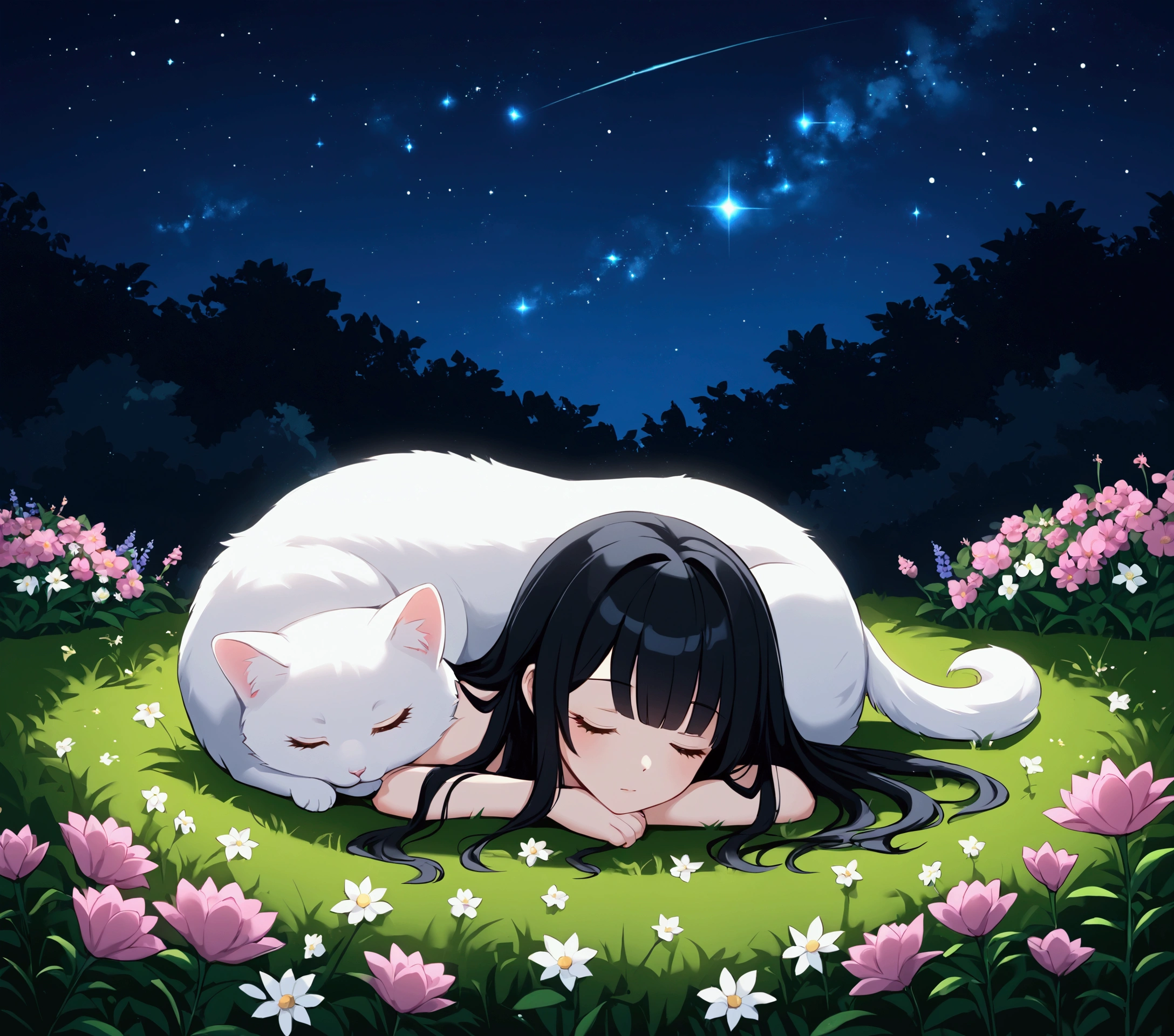 A  and a fluffy white kitten, flowers, sleeping, long black hair, night, starry sky