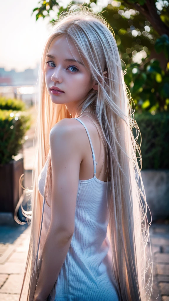 ( Highly Detailed CG Unity 8k Wallpaper , master piece,  best quality, Super detailed),( Best Illuminations , Best Shadow,  very delicate and beautiful),Softly,High saturation,Blonde Hair+ Her Eyes Are Very Bright, Vivid Light Blue :1.2, Dark Gothic Scenery ,  Super Long Hair , Looking into the distance. ( Beautiful, Innocent First Time with Super Long Platinum Blonde Hair and Extremely Bright, Brilliant Light Blue Eyes々e Face )、Blonde hair between the eyes、Hair on face