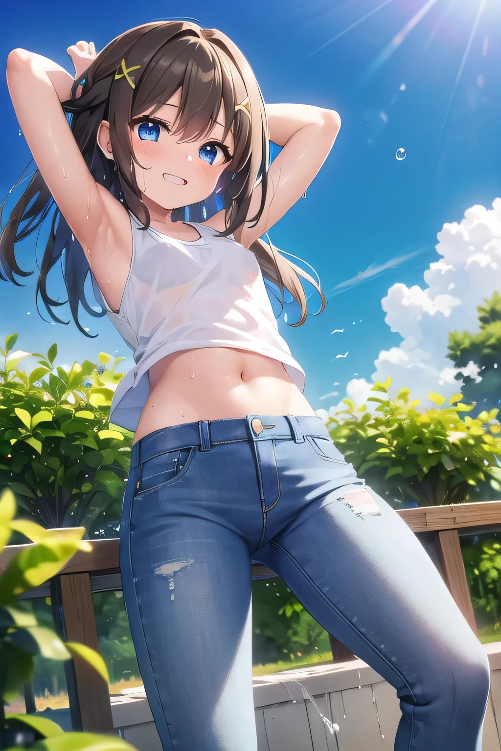 masterpiece,best quality,ultra detail,1girl, ,petismile happy,flower garden,sunshine,cloud, long hair, blue eyes, low brown hair, hair ornament, x hair ornament,Raise your arms and behind your head,White teeth, white tank tops, white crop tops, jeans, jean pants, Drenched in sweat, wet cloths, wetting self, (wet clothes:1.7), legs full stretched out, From below