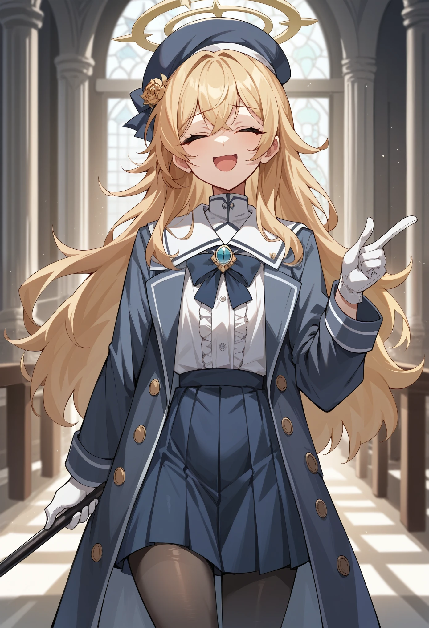 1girl, long hair, messy hair, sidelocks, blonde hair, serafuku, ribbon, brooch, coat, frills, hat, gloves, pantyhose, holding cane, halo, closed eyes, chestnut mouth, smug, open mouth, pointing up, indoors, mansion, cowboy shot score_9, score_8_up, score_7_up, score_6_up, score_5_up, score_4_up, BREAK source_anime, masterpiece