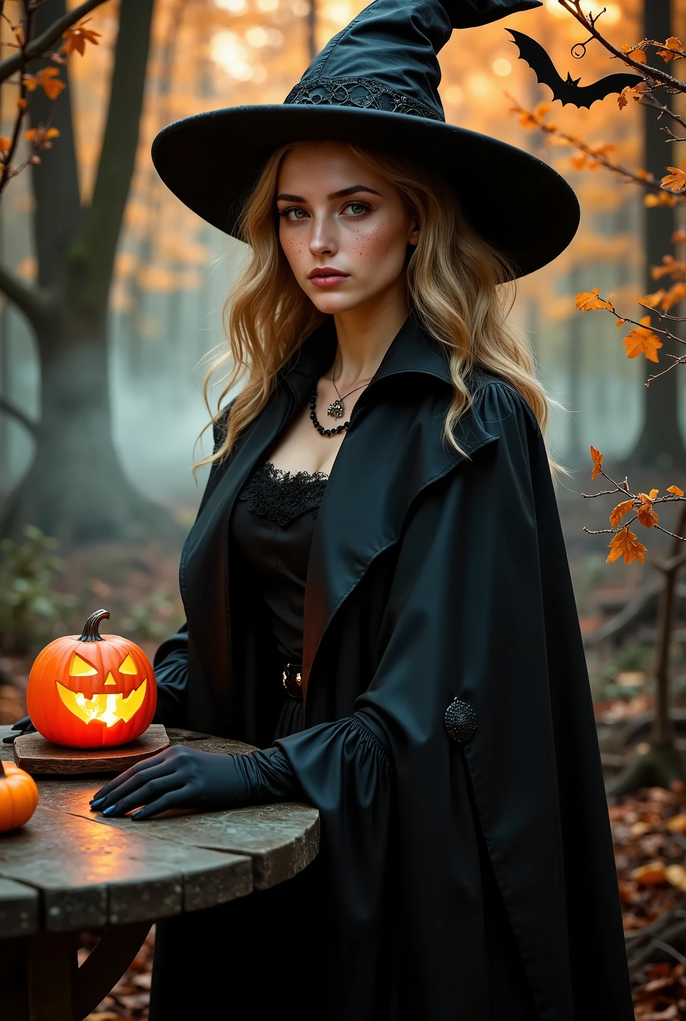 a stunning 16K resolution image that captures the essence of award-winning photography, inspired by the style of Paolo Roversi. The scene features a young German woman named Bridget Kruger, around 21 years old, with wavey blonde hair, standing gracefully in a magical, Halloween-themed autumn forest. Her hair is detailed with ultra-realistic texture, as if captured by a RED digital cinema camera. She has a fair complexion with cute freckles, clear double eyelids, and pale lips with perfectly applied lip gloss. Her face glows with life, and her expression is ethereal as she gazes dreamily into the distance. Bridget is dressed in elegant witch attire, including a flowing cloak and stylish hand gloves, and stands beside a wooden table adorned with a glowing carved pumpkin lantern. Around her, the enchanted forest is filled with warm autumn colors—red, orange, and gold leaves covering the ground, and a skeleton figure posed among the decorations, adding a touch of Halloween charm. A soft mist rolls through the trees, lit by moonlight, creating a mysterious yet serene atmosphere. The image is framed from a low angle to capture her full, dynamic pose, emphasizing her balanced proportions and the gracefulness of her stance. The glow from the pumpkin lanterns casts gentle shadows, highlighting the intricate details of her clothing and the enchanting forest. A desaturated grunge filter adds a touch of moodiness, while the lighting enhances the artistic depth of the scene. This photorealistic image ensures precise detail and anatomical accuracy, offering a lifelike experience in ultra-high definition. Focus on perfect composition, detailed textures, and natural elegance to create an immersive and magical atmosphere.
