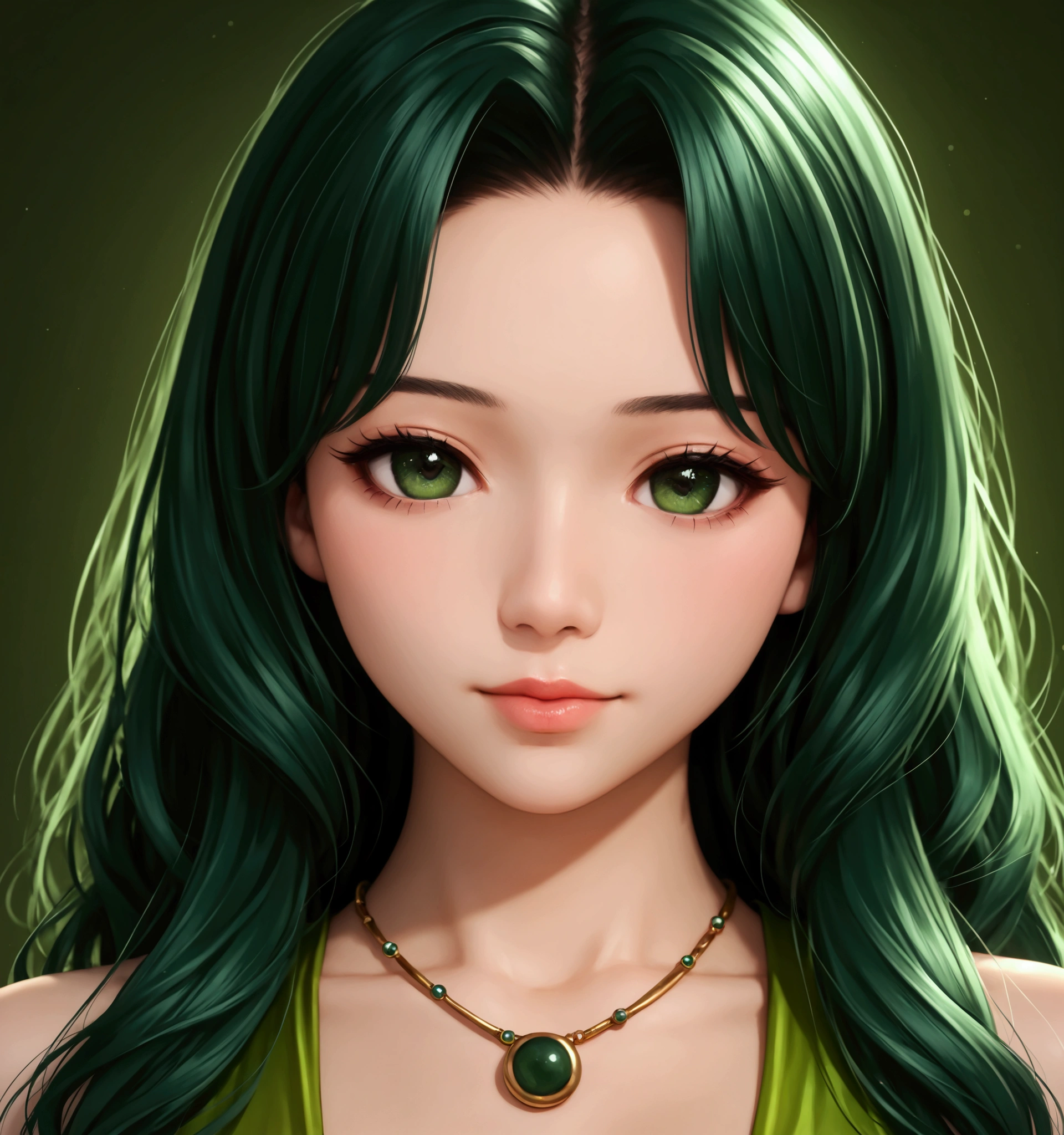 a close up of a woman with a green dress and a necklace, artwork in the style of guweiz, realistic anime 3 d style, beautiful anime portrait, anime realism style, detailed portrait of anime girl, beautiful character painting, by Yang J, stunning anime face portrait, realistic anime artstyle, portrait of an anime girl, beautiful anime style