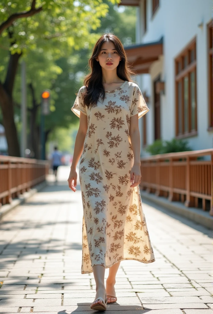 Korean version of European art girl printed dress,loose casual long T-skirt,short-sleeved dress,In the Park(emphasis on the body Line clothing:1.1)with a suburban street in the background,a blend of modern and traditional architectural styles. There are leafy trees,wooden railings and a white building with large windows and wood trim. The sidewalk is paved with light-colored rectangular paving stones. The overall atmosphere is bright and cheerful,which makes people feel that this is a good sunny day. This photo captures moments of casual elegance in a peaceful urban setting.,
