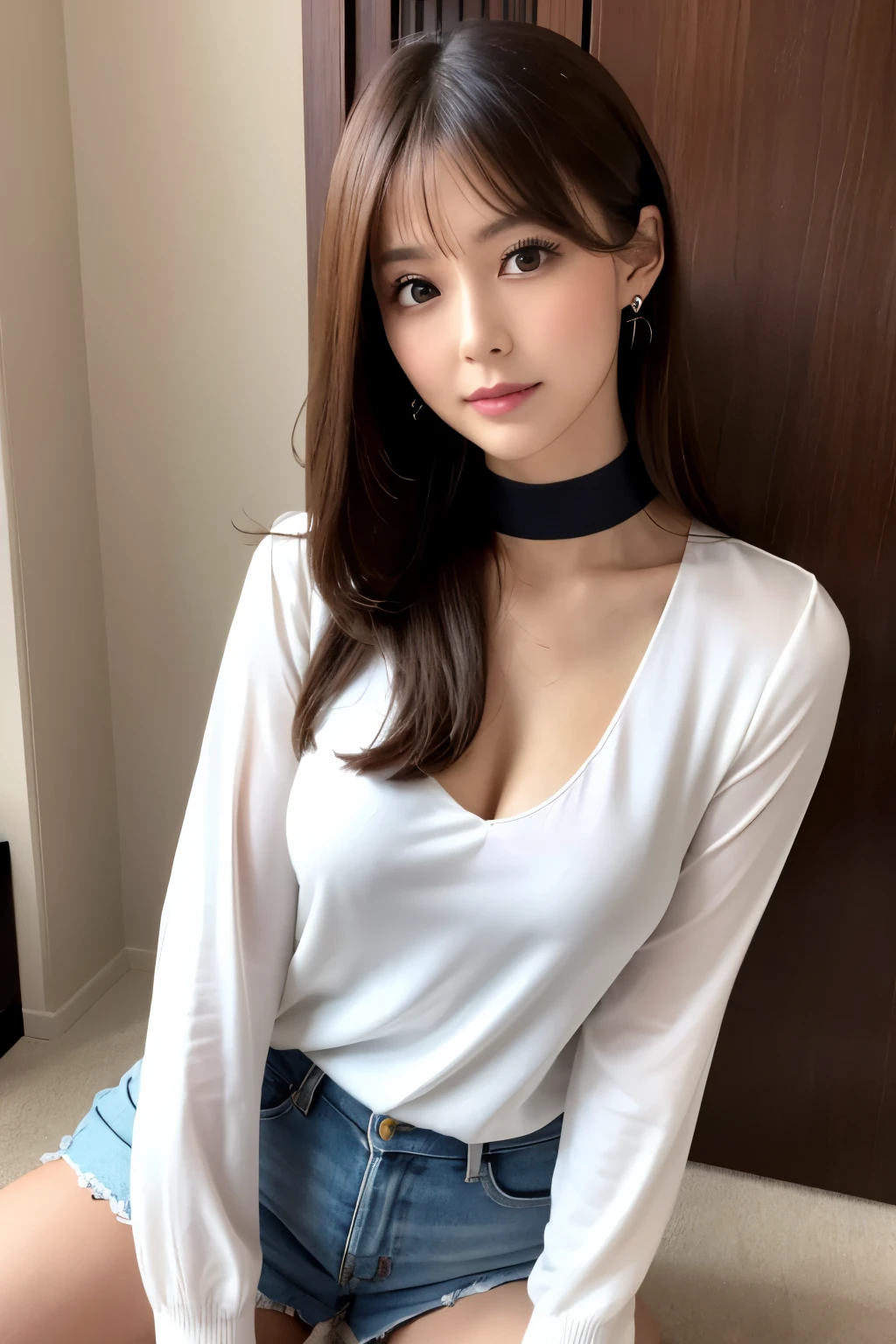 ((Best Quality)),( ultra high resolution),(whole body)、(8 heads)、 white blouse、black tight miniskirt、 one beautiful girl 、 very beautiful face and eyes、 wearing high heels 、Big Breasts