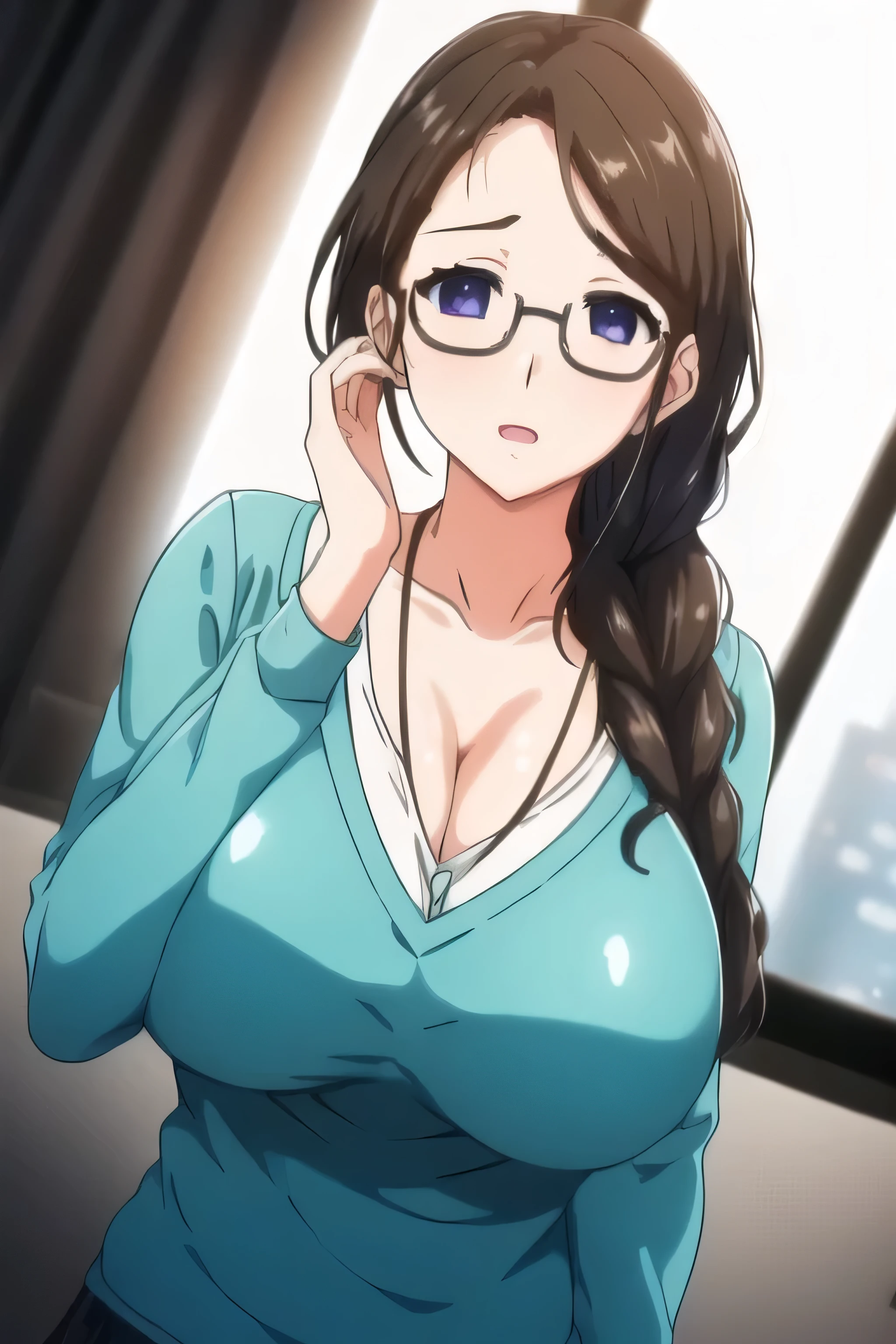 (Night:1.7), Modern apartment, high rise, CityView, Before Window,
Standing at attention,Hands Down,
Green shirt,long sleeves, cleavage, collarbone,
Glasses,brown hair,purple eyes,braid,single braid,yellow hair ornament,
1 girl, 20yo,Young female,Beautiful Finger,Beautiful long legs,Beautiful body,
Beautiful Nose,Beautiful character design, perfect eyes, perfect face,expressive eyes,
looking at viewer, in the center of the image,(Upper_body),(Focus on her face),
official art,extremely detailed CG unity 8k wallpaper, perfect lighting,Colorful, Bright_Front_face_Lighting,shiny skin,
(masterpiece:1.0),(best_quality:1.0), ultra high res,4K,ultra-detailed,
photography, 8K, HDR, highres, absurdres:1.2, Kodak portra 400, film grain, blurry background, bokeh:1.2, lens flare, (vibrant_color:1.2)
(Beautiful,large_Breasts:1.4), (beautiful_face:1.5),(narrow_waist),