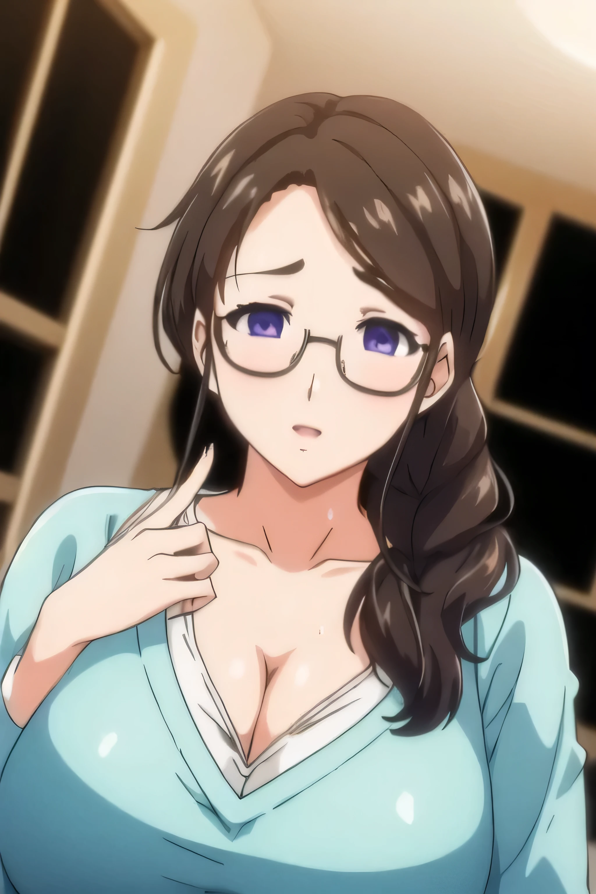 (Night:1.7), Modern apartment, high rise, CityView, Before Window,
Standing at attention,Hands Down,
Green shirt,long sleeves, cleavage, collarbone,
Glasses,brown hair,purple eyes,braid,single braid,yellow hair ornament,
1 girl, 20yo,Young female,Beautiful Finger,Beautiful long legs,Beautiful body,
Beautiful Nose,Beautiful character design, perfect eyes, perfect face,expressive eyes,
looking at viewer, in the center of the image,(Upper_body),(Focus on her face),
official art,extremely detailed CG unity 8k wallpaper, perfect lighting,Colorful, Bright_Front_face_Lighting,shiny skin,
(masterpiece:1.0),(best_quality:1.0), ultra high res,4K,ultra-detailed,
photography, 8K, HDR, highres, absurdres:1.2, Kodak portra 400, film grain, blurry background, bokeh:1.2, lens flare, (vibrant_color:1.2)
(Beautiful,large_Breasts:1.4), (beautiful_face:1.5),(narrow_waist),