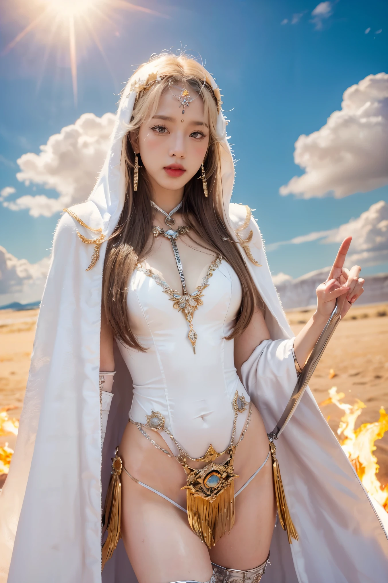 highest quality, masterpiece, realistic, High resolution, 8k RAW photo, 1 girl、long hair、goddess、Raise your decorated sword、((glamor body:1.3))、(Body suit with flame motif、gold edge、white cloak)、silver pendant、silver earrings、(((action pose)))、(planet where the sun can be seen)、(many clouds in the sky）