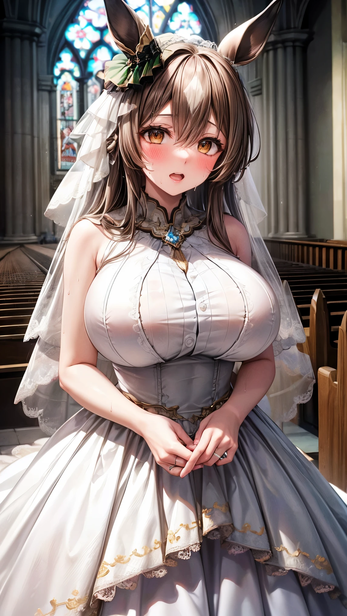 best quality,4k,8k,1girl,((big breasts:1.3)),orgasm,blush,sweat,aasato, long hair, half updo, braid, hair between eyes, animal ears, ear ornament, horse tail, ((wedding dress)),church