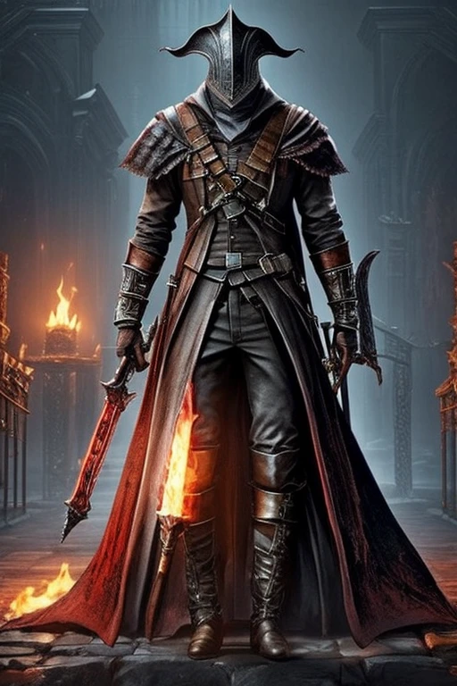  Bloodborne,  vertical metal armor on your head( something like a column like a cage with hexagonal metals stacked vertically（1.5）)Wear （1.4）、It's black and rusty