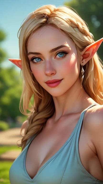 a young petite elf princess Zelda, 18 years old, with beautiful detailed eyes, beautiful detailed lips, extremely detailed face and features, small breasts, long golden blonde hair, piercing blue eyes, wearing her original Hyrule princess outfit, standing in the lush palace gardens of Ocarina, smiling warmly and gazing affectionately at the viewer, (best quality,4k,8k,highres,masterpiece:1.2),ultra-detailed,(realistic,photorealistic,photo-realistic:1.37),HDR,UHD,studio lighting,ultra-fine painting,sharp focus,physically-based rendering,extreme detail description,professional,vivid colors,bokeh,portrait,cinematic lighting,vibrant colors